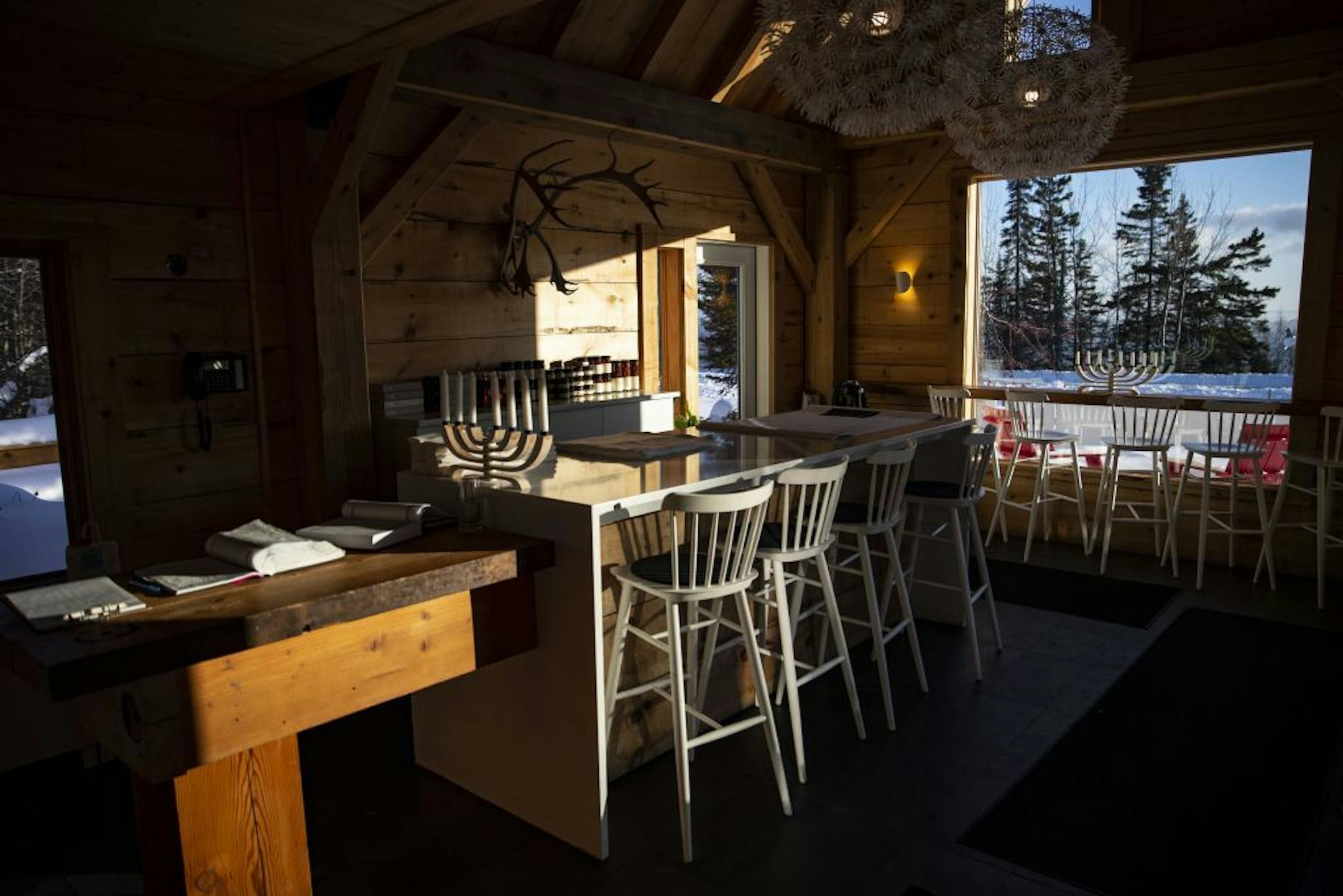 The front of New Scenic Café has stool seating looking out the windows, some with views of Lake Superior.