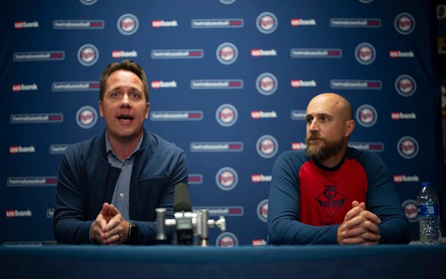 Derek Falvey, President of Baseball Operations for the Minnesota Twins, left, and Twins manager Rocco Baldelli spoke at a news conference at Hammond Stadium in Fort Myers, Florida Sunday, March 13, 2022. With the lockout over, Minnesota Twins baseball players began reporting to Spring Training on Sunday. ] JEFF WHEELER • Jeff.Wheeler@startribune.com