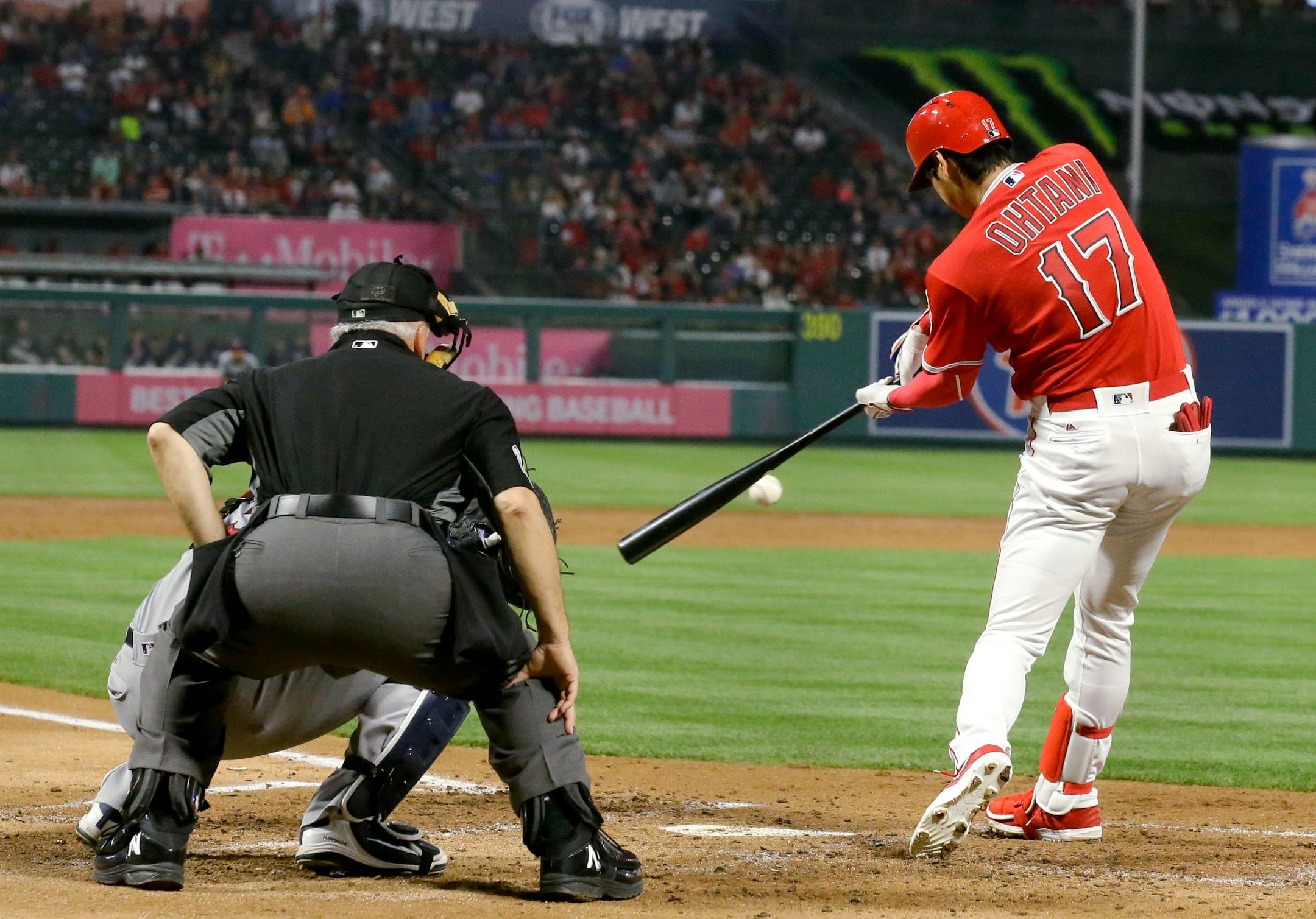 Los Angeles Angels' Shohei Ohtani, of Japan, hits an RBI-double against the Minnesota Twins during the third inning of a baseball game in Anaheim, Calif., Thursday, May 10, 2018. (AP Photo/Chris Carlson)