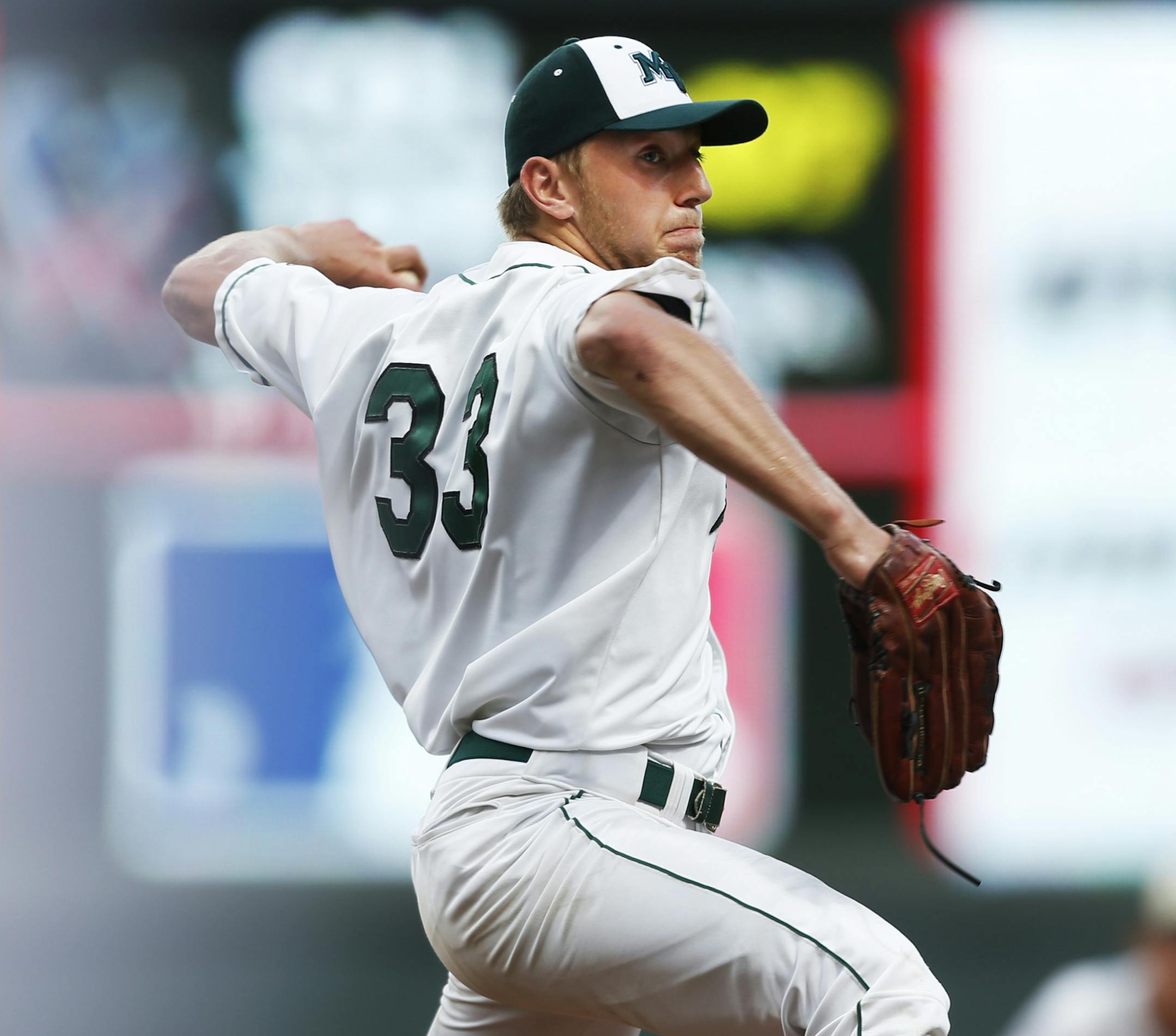 In the Class AAA baseball finals between Mounds View and Rocori at Target Field, Max Knutson(33) recorded the complete game shutout for the 8-0 Mounds View win. ] richard tsong-taatarii@startribune.com