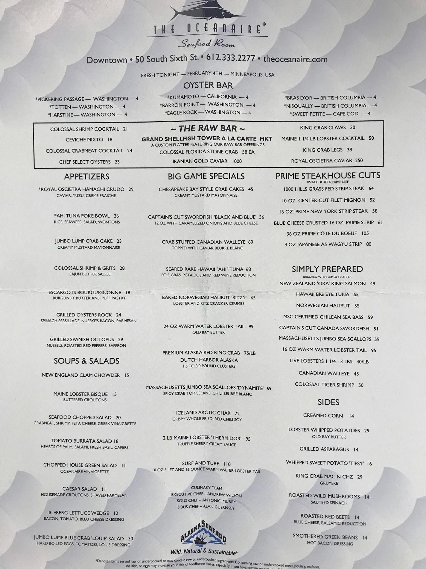 The Super Bown night menu at The Oceanaire in downtown Minneapolis.