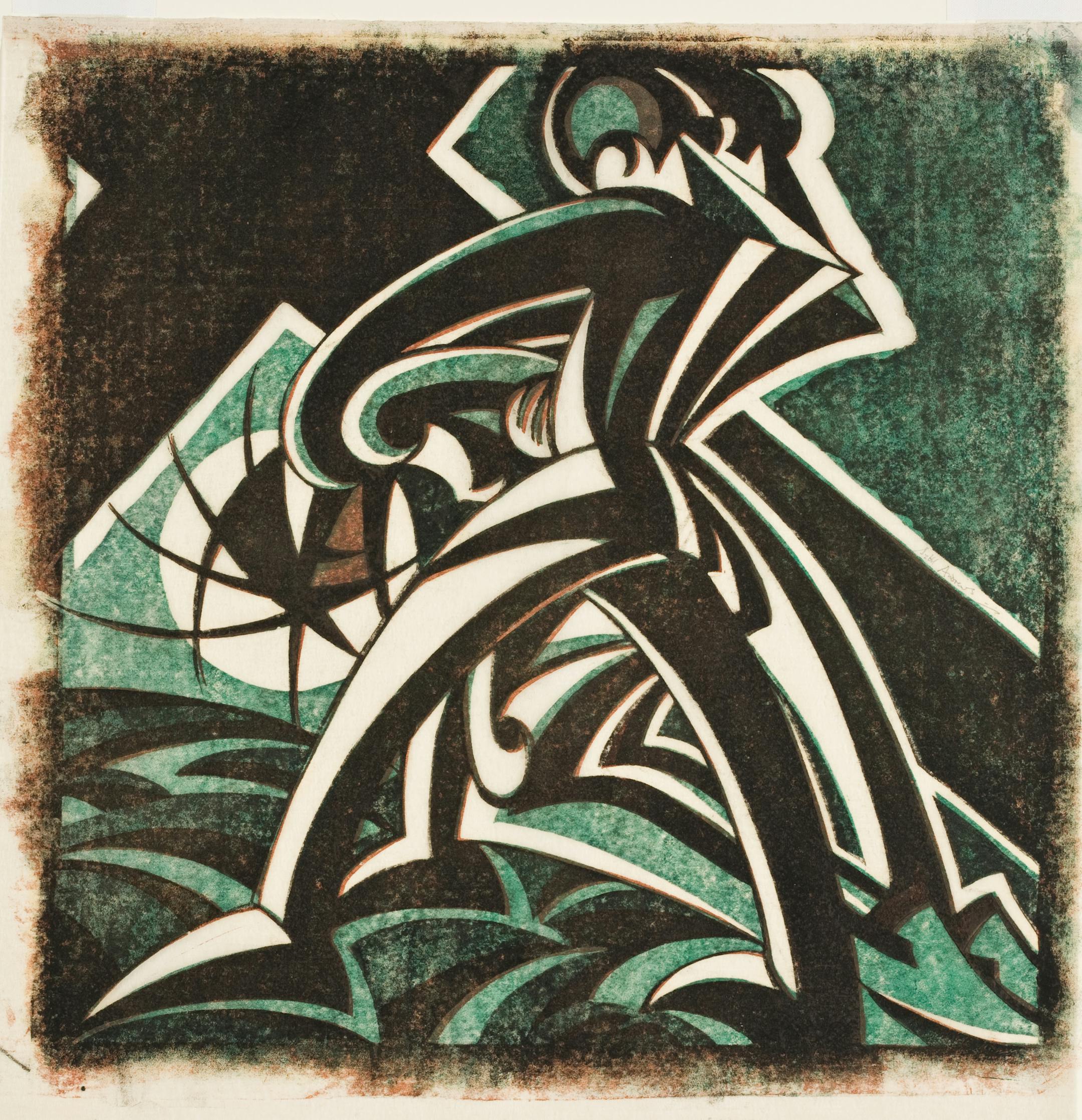 Provided by the Thrivent Financial Collection of Religious Art a color linocut by Sybil Andrews, "Station III: Jesus Falls for the First Time from Stations of the Cross"