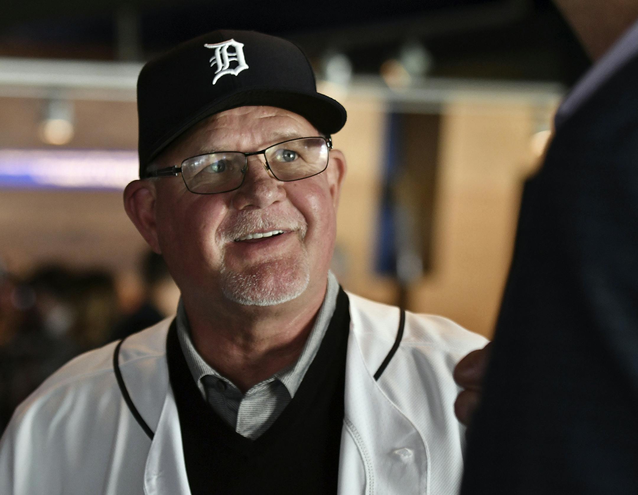 Detroit Tigers baseball team's new manager Ron Gardenhire wears a Tigers hat after an introductory press conference at Comerica Park in Detroit, Friday, Oct. 20, 2017. (Robin Buckson/Detroit News via AP)