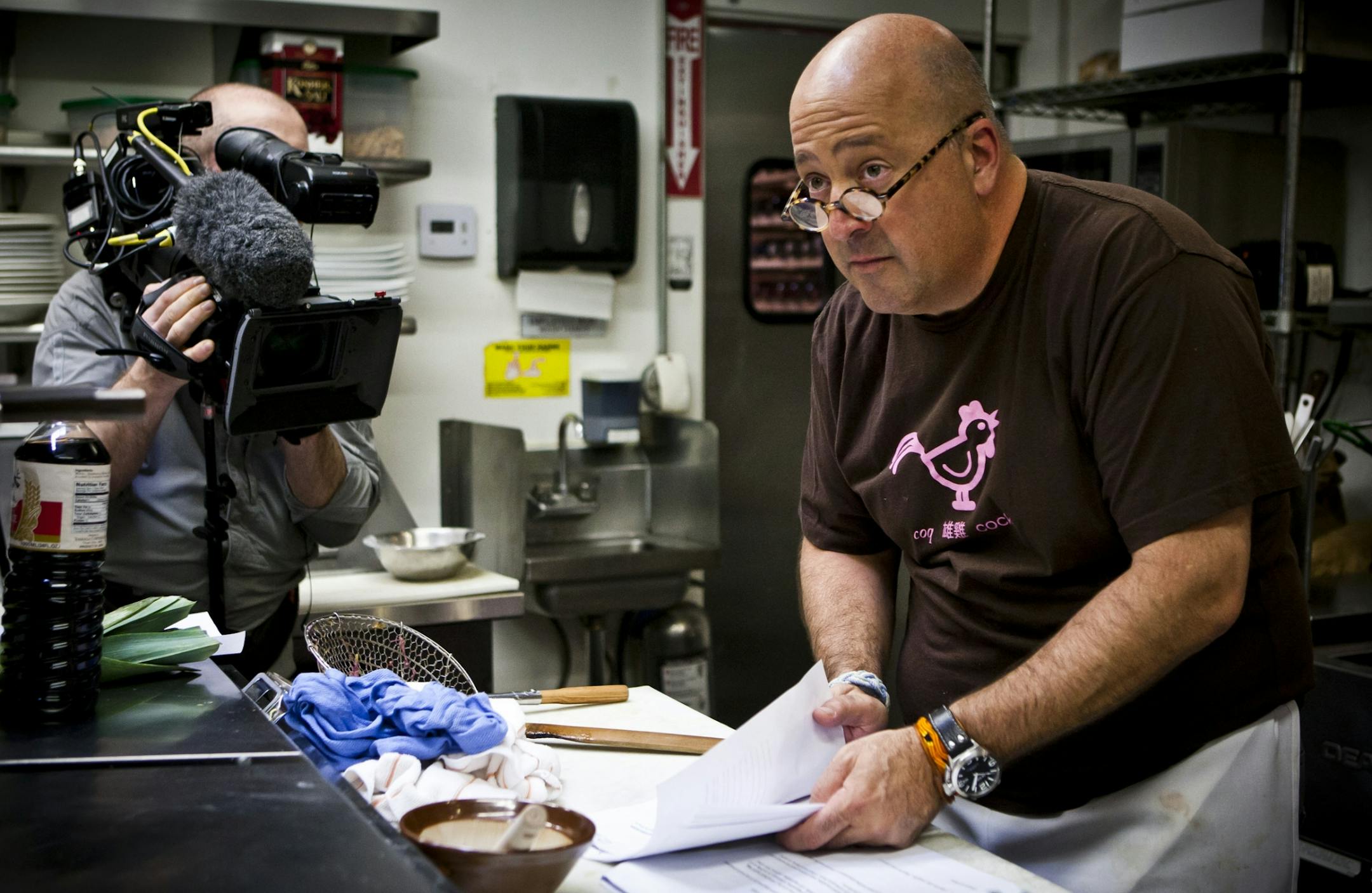 Bizarre Foods host and Chef Andrew Zimmern is filmed as he prepares for a pop-up dinner for an episode of the upcoming season, Thursday, Jan. 12, 2012, at the Crown T in Culver City, California.