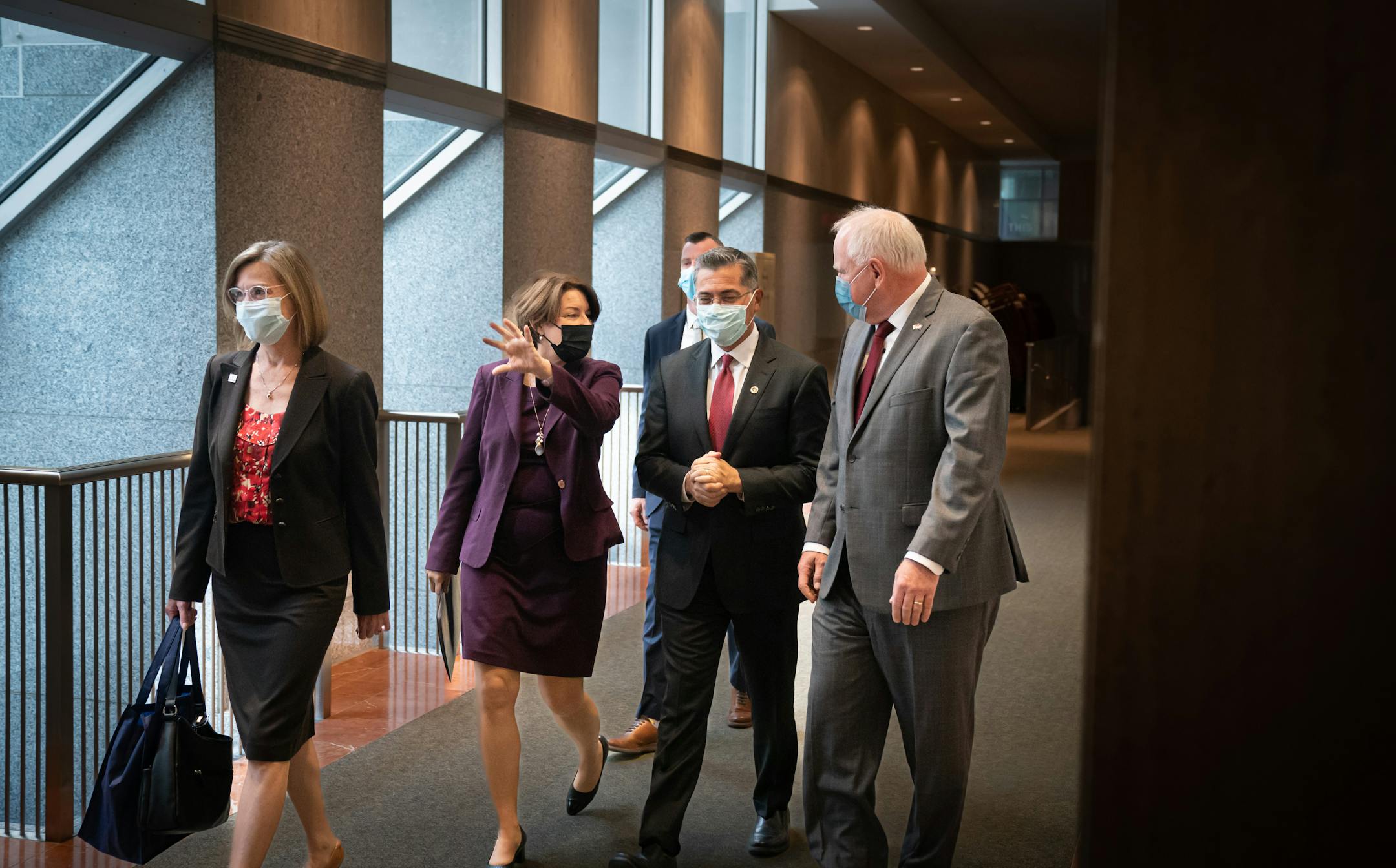 Rochester Mayor Kim Norton, U.S. Sen. Amy Klobuchar, Department of Health and Human Services Sec. Xavier Becerra, and Minnesota Governor Tim Walz, toured Mayo Clinic, Wednesday, Nov. 10, 2021, in Rochester, Minn. Becerra traveled to Minnesota to encourage pediatric vaccinations and highlight the Biden-Harris Administration's plans to build back better through investments in affordable drug prices. ] GLEN STUBBE • glen.stubbe@startribune.com
