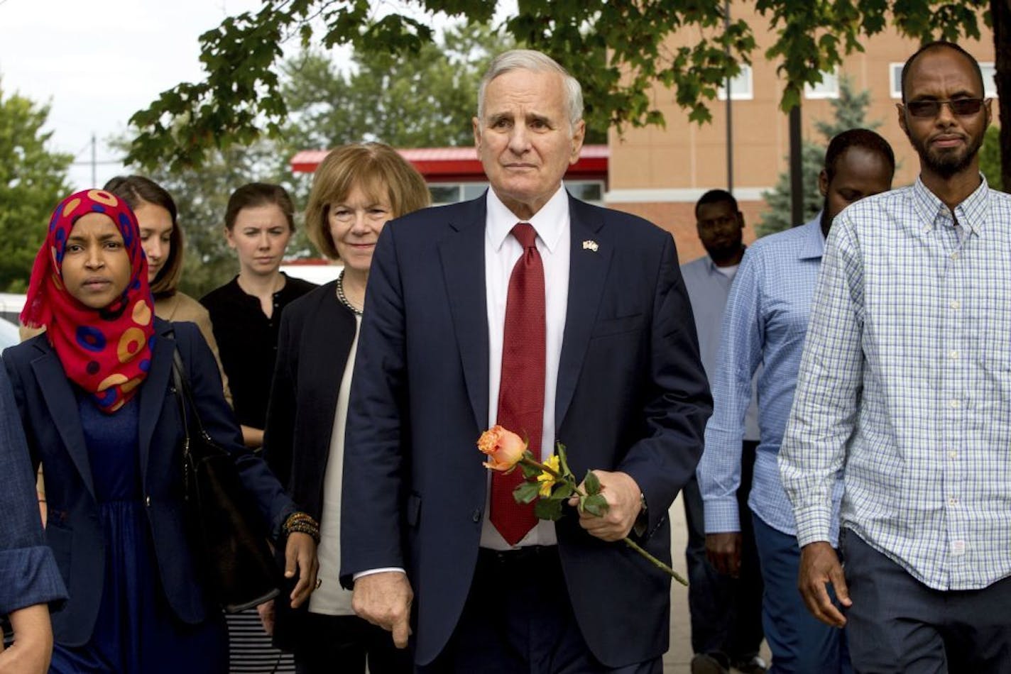 Minnesota Gov. Mark Dayton appears at a news conference at the Dar Al Farooq Islamic Center in Bloomington, Minn., on Sunday, Aug. 6, 2017, where an explosion damaged a room and shattered windows as worshippers prepared for morning prayers early Saturday.