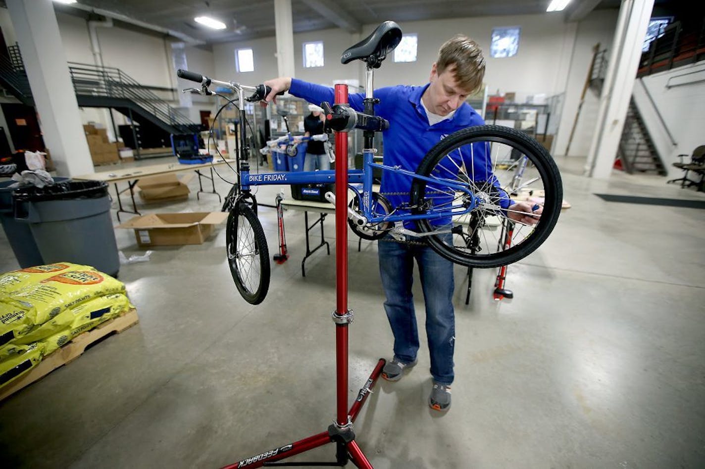 Danny McCullough, of the Three Rivers Park District, worked on assembling one of 37 bikes on Jan. 7, 2015, at the district's administrative center in Plymouth. The Three Rivers Park District received a MnDOT Safe Routes to School grant to purchase the fleet of bikes for youth education programs. They are adjustable bikes to fit a 6-year-old to high-schooler.