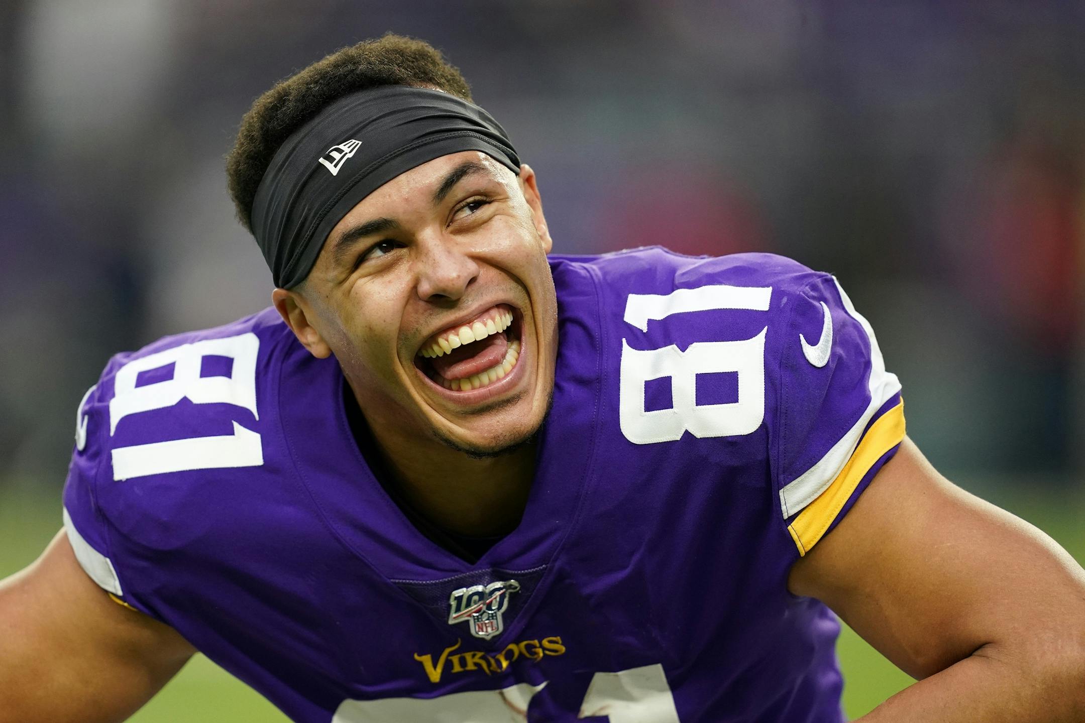 Minnesota Vikings wide receiver Bisi Johnson (81) joked with his teammates as he stretched on the field ahead of Sunday's game against the Chicago Bears.