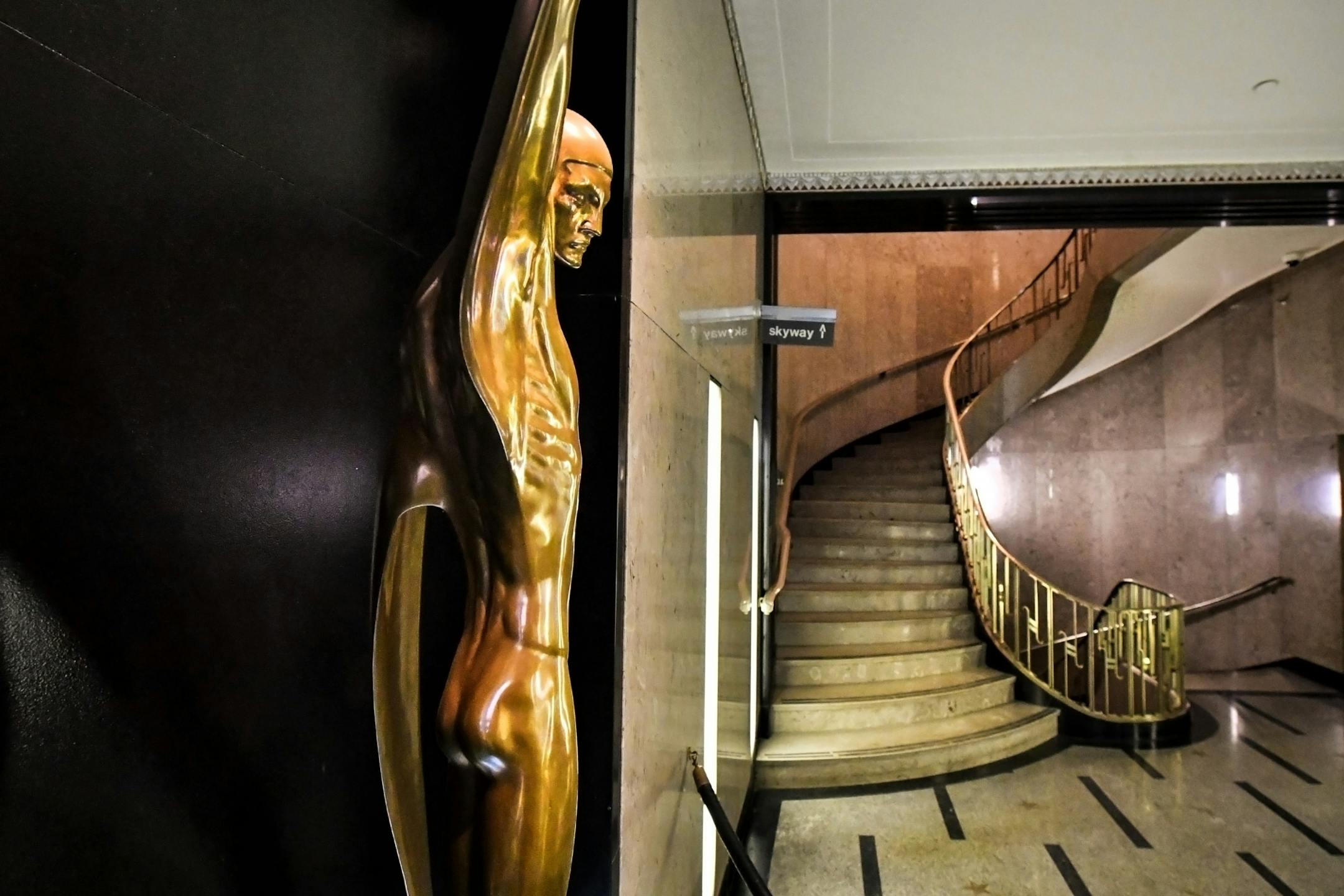 The sculpture in the lobby is Wings by Oskar J. W. Hansen.