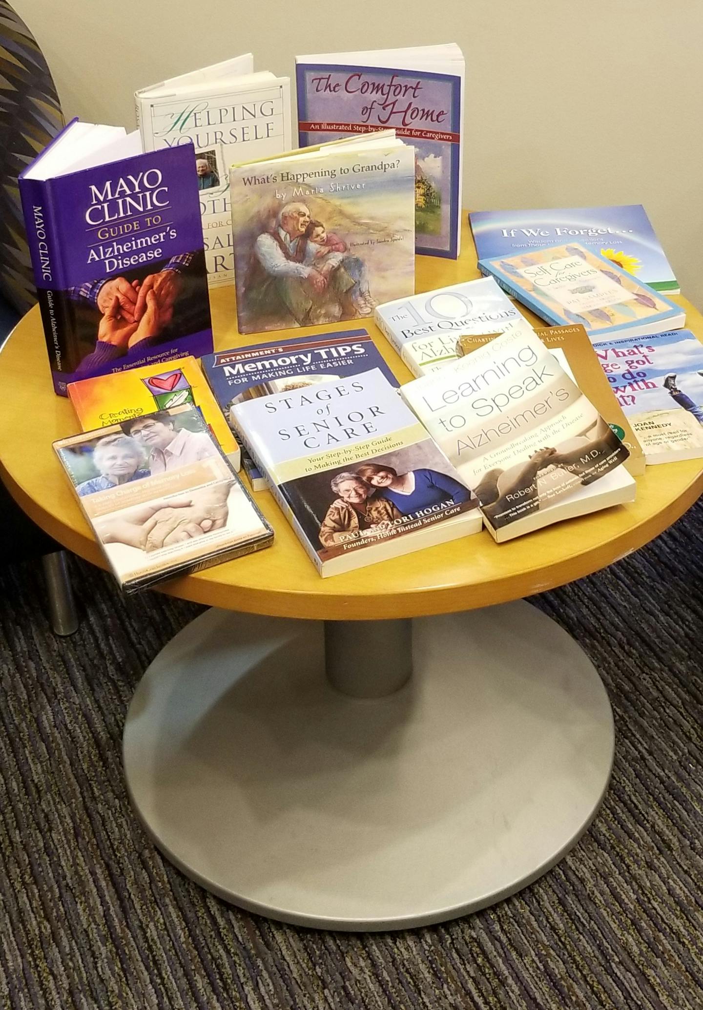 Books at last month's Hopkins Memory Cafe for attendees to check out, at the Hennepin County Library branch in Hopkins.