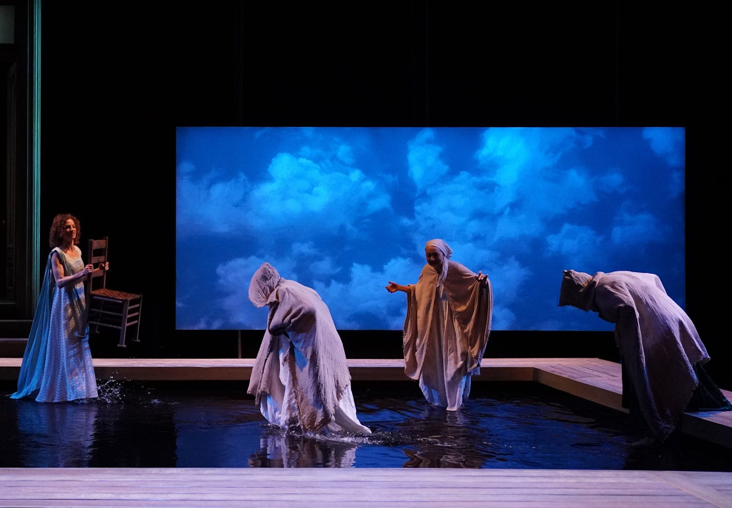 Actors rehearse a scene in the pool on the set of "Metamorphoses" Thursday, April 11, 2019. ] ANTHONY SOUFFLE &#x2022; anthony.souffle@startribune.com For its production of Mary Zimmerman's "Metamorphoses," the Guthrie is erecting a 12,500-pound pool (with 1,500) gallons on water) for its Wurtele Thrust stage. We check in with brand-new Production Director Rebecca Cribbin to see how she's navigating such a tricky production - which is also her first show for the Guthrie.