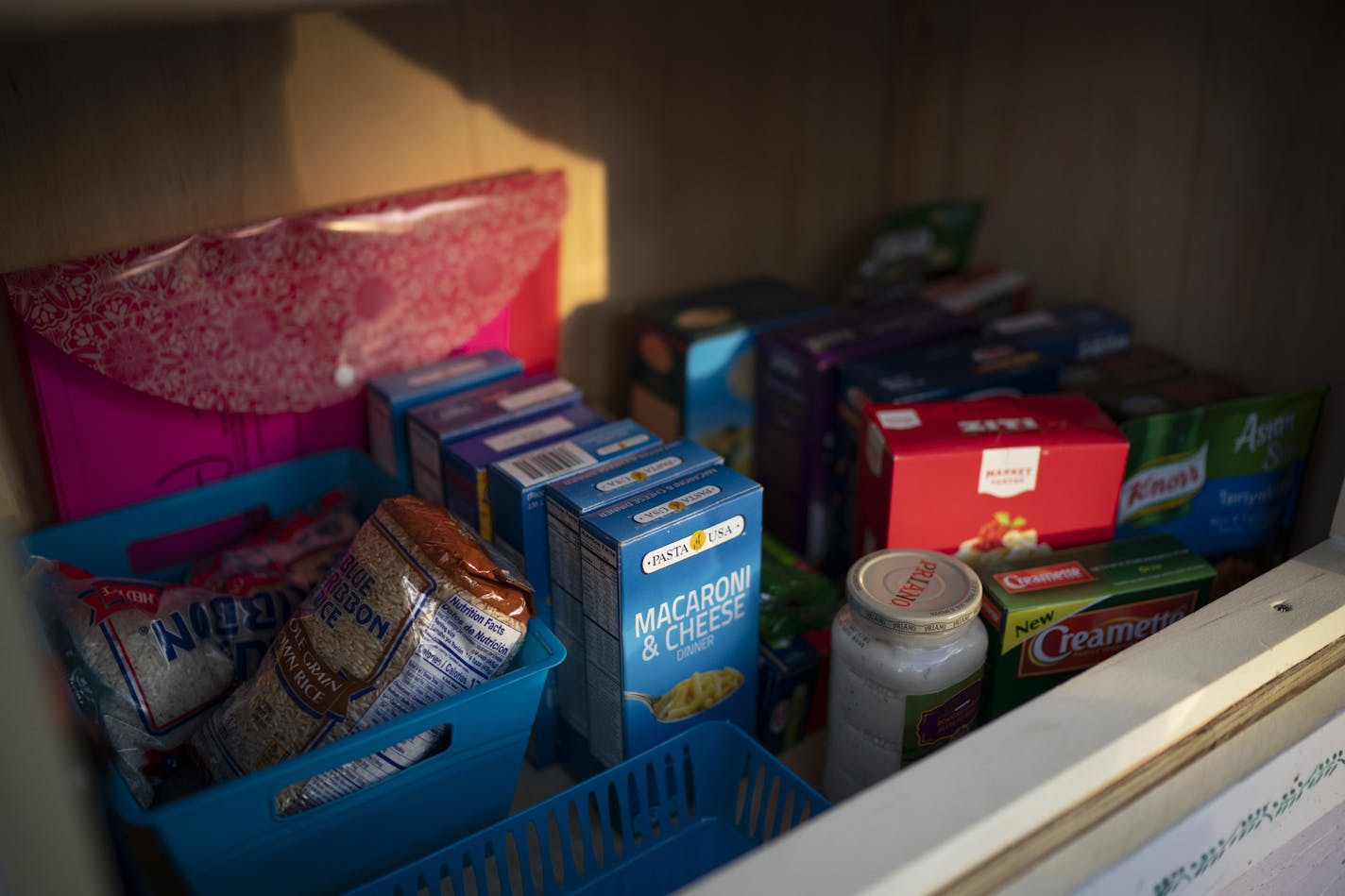 Some of the goods in the Little Free Pantry Jamie Hendricks has been stocking in her front yard. ] JEFF WHEELER &#x2022; jeff.wheeler@startribune.com In the North End of St. Paul Jamie Hendricks has started a "Little Free Pantry" - like the ubiquitous "Little Free Library" but for food and household goods like toothpaste and diapers. It's an informal neighborhood effort, stocked by the Hendricks and anyone else who'd like to contribute, with people welcome to take what they need. She was photogr