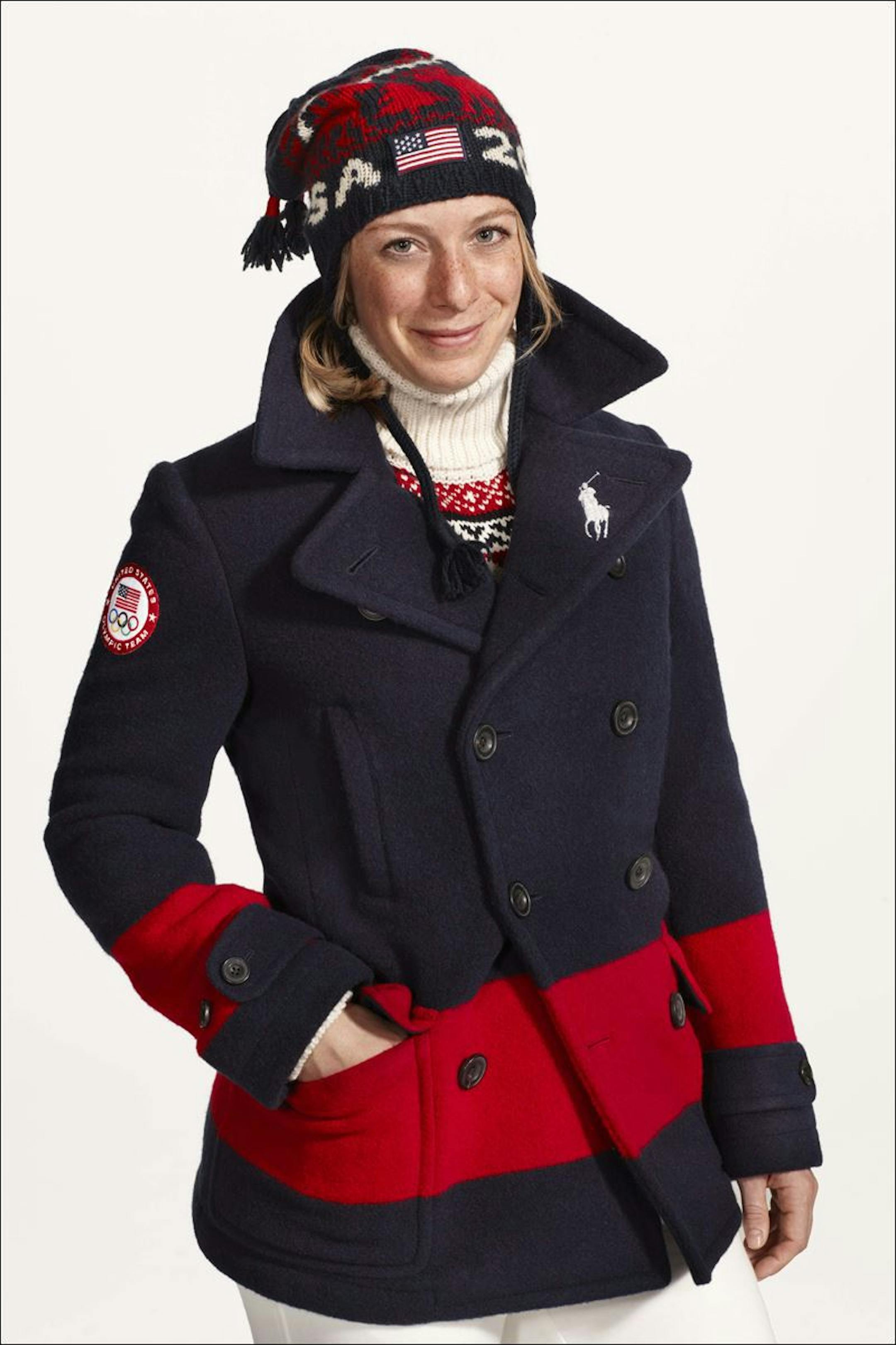 U.S. Olympic skier Hannah Kearney wearing fashion by designer Ralph Lauren for the 2014 Winter Olympics. Every article of clothing made by Ralph Lauren for the U.S. Olympic athletes in Sochi has been made by domestic craftsman and manufacturers.