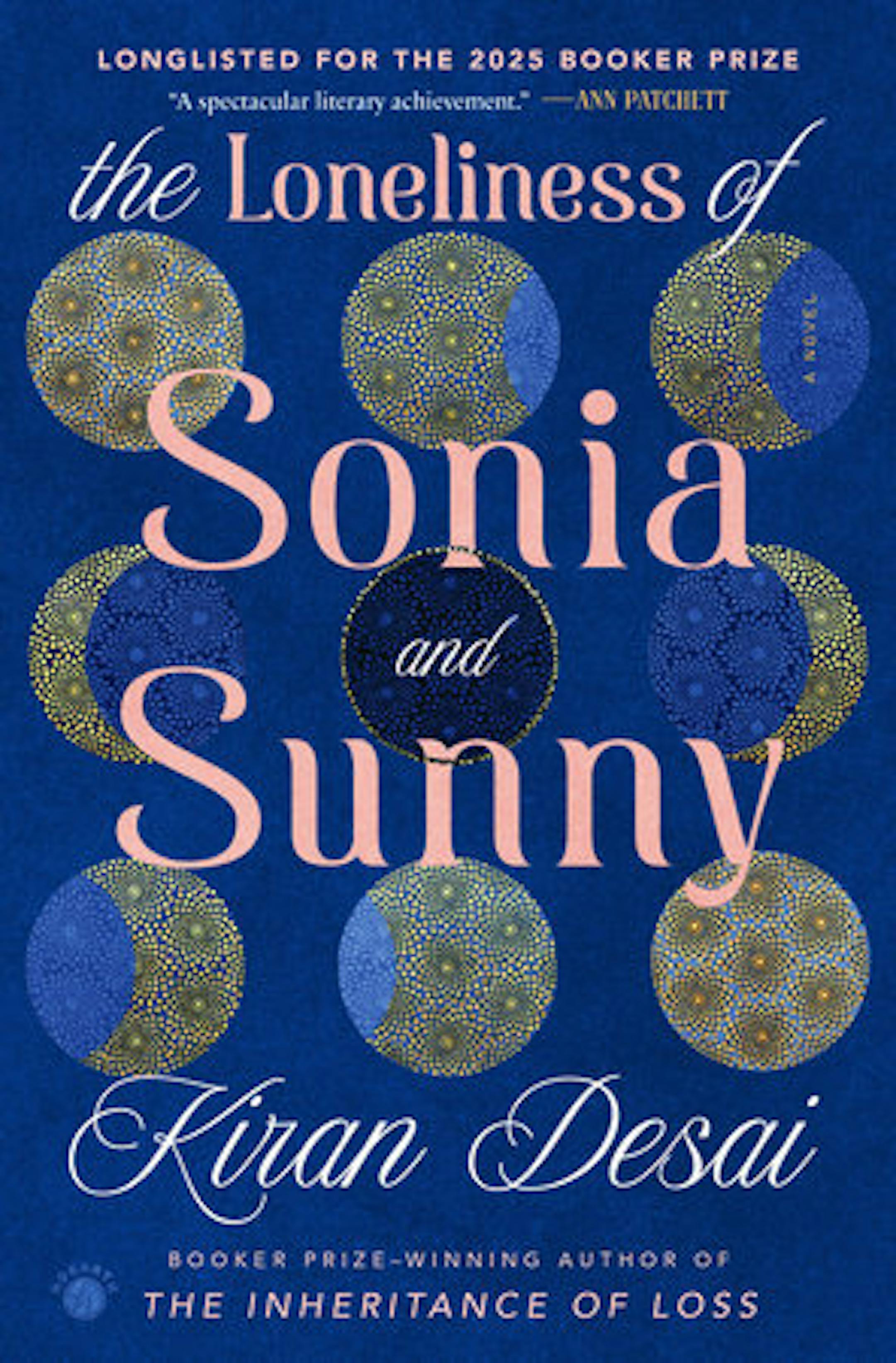 Blue cover of The Loneliness of Sonia and Sunny features an illustration of the moon in various phases