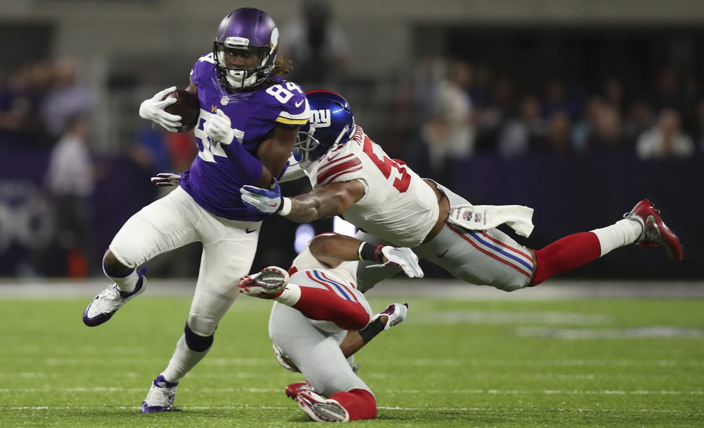 Minnesota Vikings wide receiver Cordarrelle Patterson (84) eluded Giants linebacker Keenan Robinson (57) and defensive back Andrew Adams (33) after catching pass in the first quarter. ] JEFF WHEELER &#xef; jeff.wheeler@startribune.com The Vikings faced the New York Giants in an NFL Monday Night Football game October 3, 2016 at U.S. Bank Stadium in Minneapolis. in the first quarter. ] JEFF WHEELER &#xef; jeff.wheeler@startribune.com The Vikings faced the New York Giants in an NFL Monday Night Foo