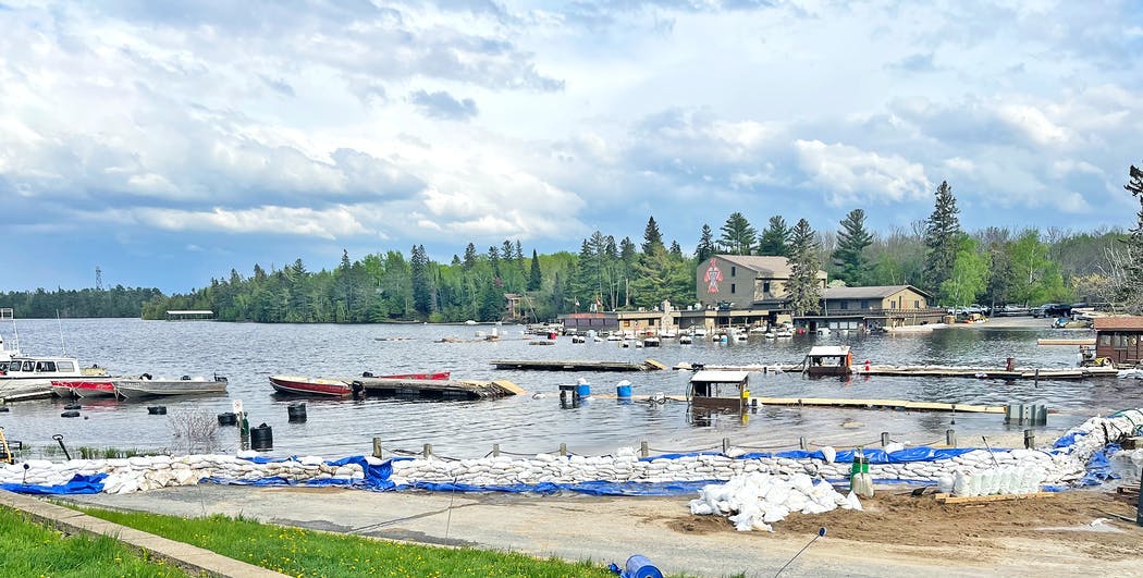 The docks of Thunderbird Lodge on Rainy Lake are underwater this week.