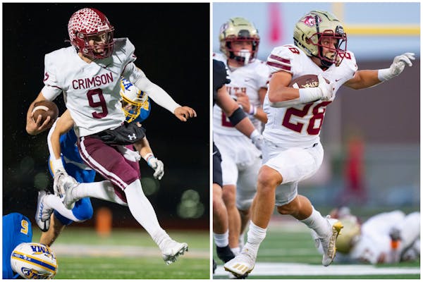 Maple Grove’s Jacob Kilzer (9) and Lakeville South’s Carson Hansen will have plenty to say about who wins their teams’ Class 6A semifinal Thursd
