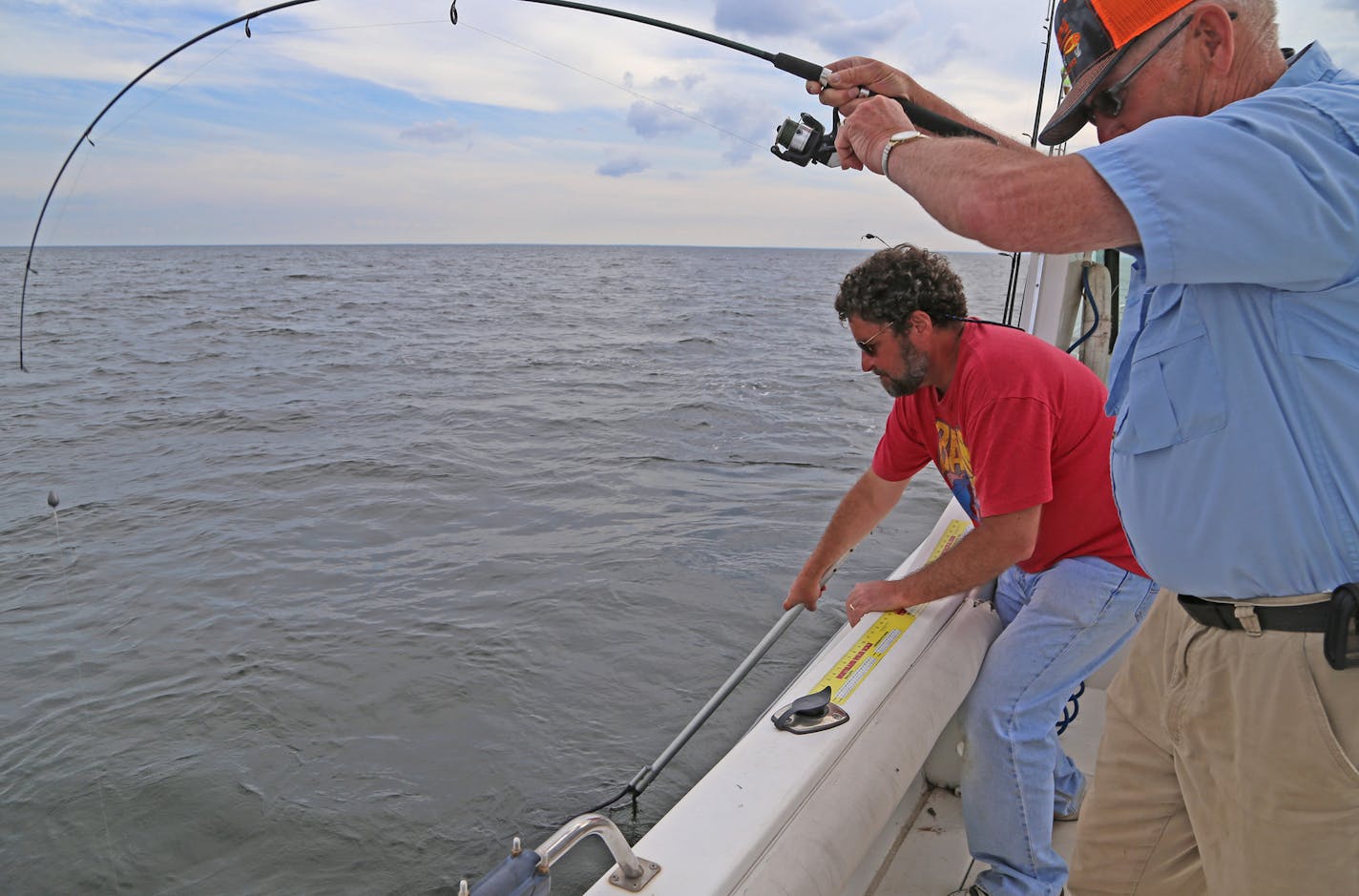 Mike Giefer, left, of Woodbury, prepares to net a walleye on Mille Lacs for Robbie Robinson. Robinson runs a launch and other guide boats out of Fisher's Resort on Mille Lacs.