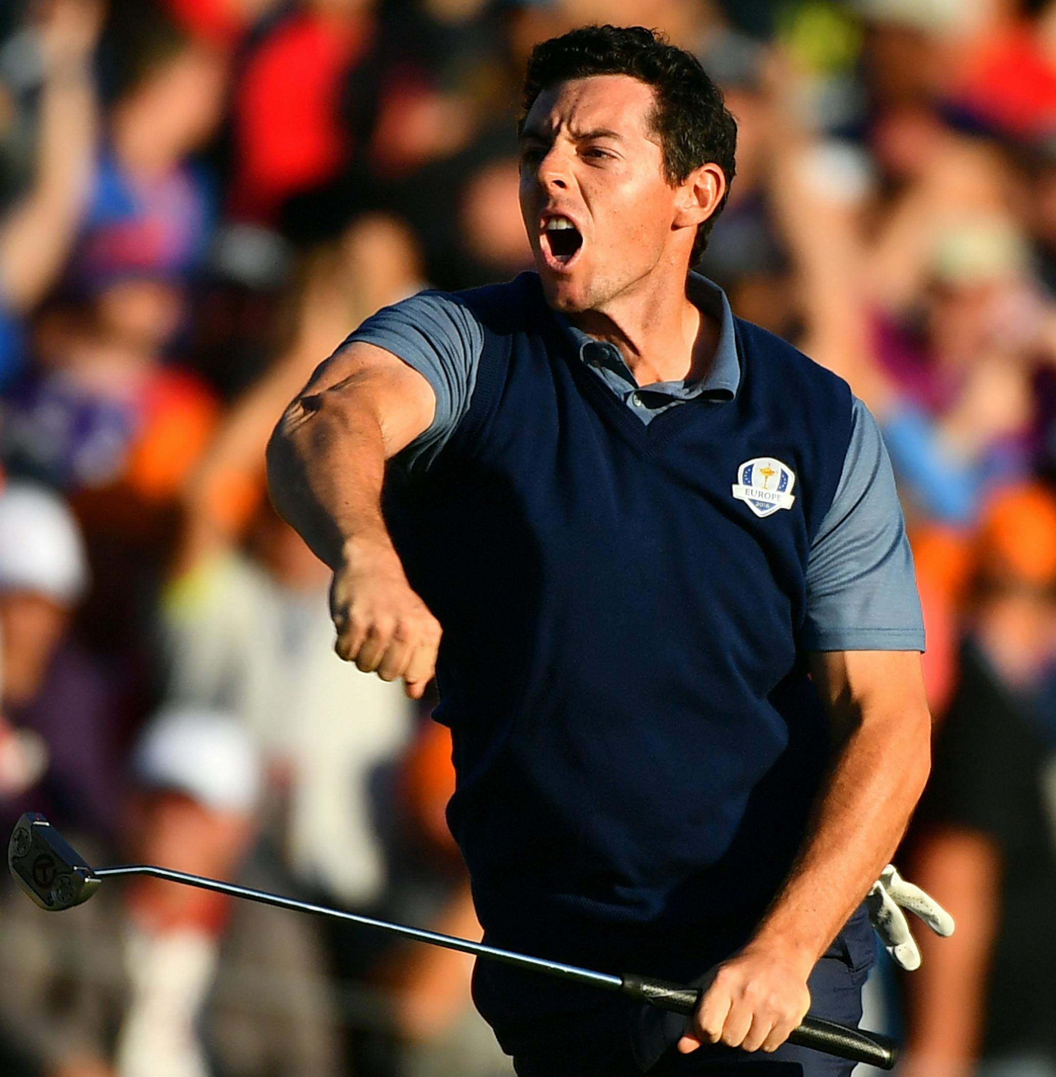 Europe's Rory McIlroy celebrateds after sinking a match-winning eagle during Friday night's Ryder Cup four ball play at Hazeltine. ] (AARON LAVINSKY/STAR TRIBUNE) aaron.lavinsky@startribune.com The Ryder Cup was held on Friday, Sept. 30, 2016 at Hazeltine National Golf Club in Chaska, Minn.