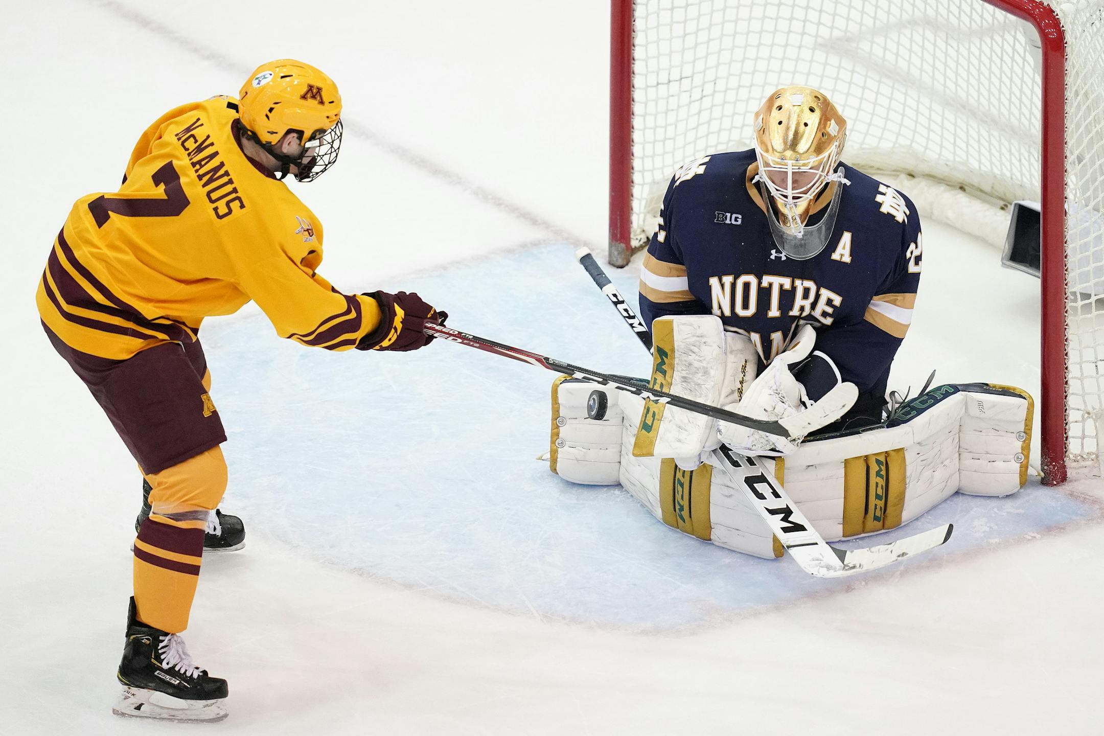 Minnesota Golden Gophers forward Brannon McManus (7) took a shot on Notre Dame Fighting Irish goaltender Cale Morris (32) in the second period. ] ANTHONY SOUFFLE • anthony.souffle@startribune.com The Minnesota Golden Gophers played the Notre Dame Fighting Irish in an NCAA men's hockey game Saturday, Nov. 2, 2019 at the University of Minnesota's 3M Arena at Mariucci in Minneapolis.