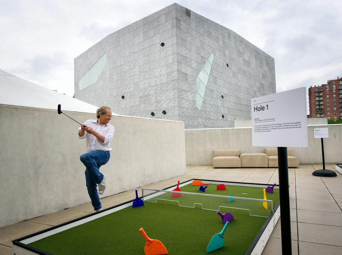 James Lileks on Hole 1, called Putt-Pong and designed by Trevor Anderson and Barry Kudrowitz. Mini-golf has returned to Walker Art Center.