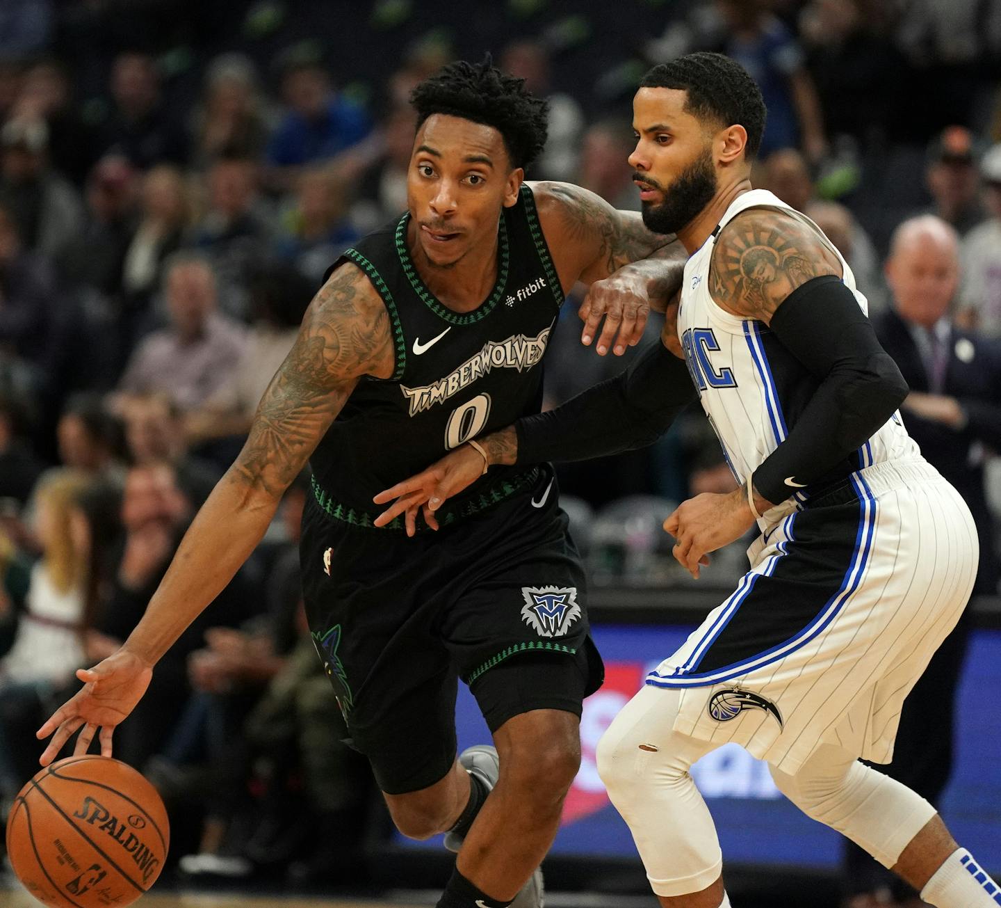 Minnesota Timberwolves guard Jeff Teague (0) took the ball around Orlando Magic guard D.J. Augustin (14) in the first half. ] ANTHONY SOUFFLE &#x2022; anthony.souffle@startribune.com The Minnesota Timberwolves played the Orlando Magic in an NBA game Friday, Jan. 4, 2019 at the Target Center in Minneapolis.