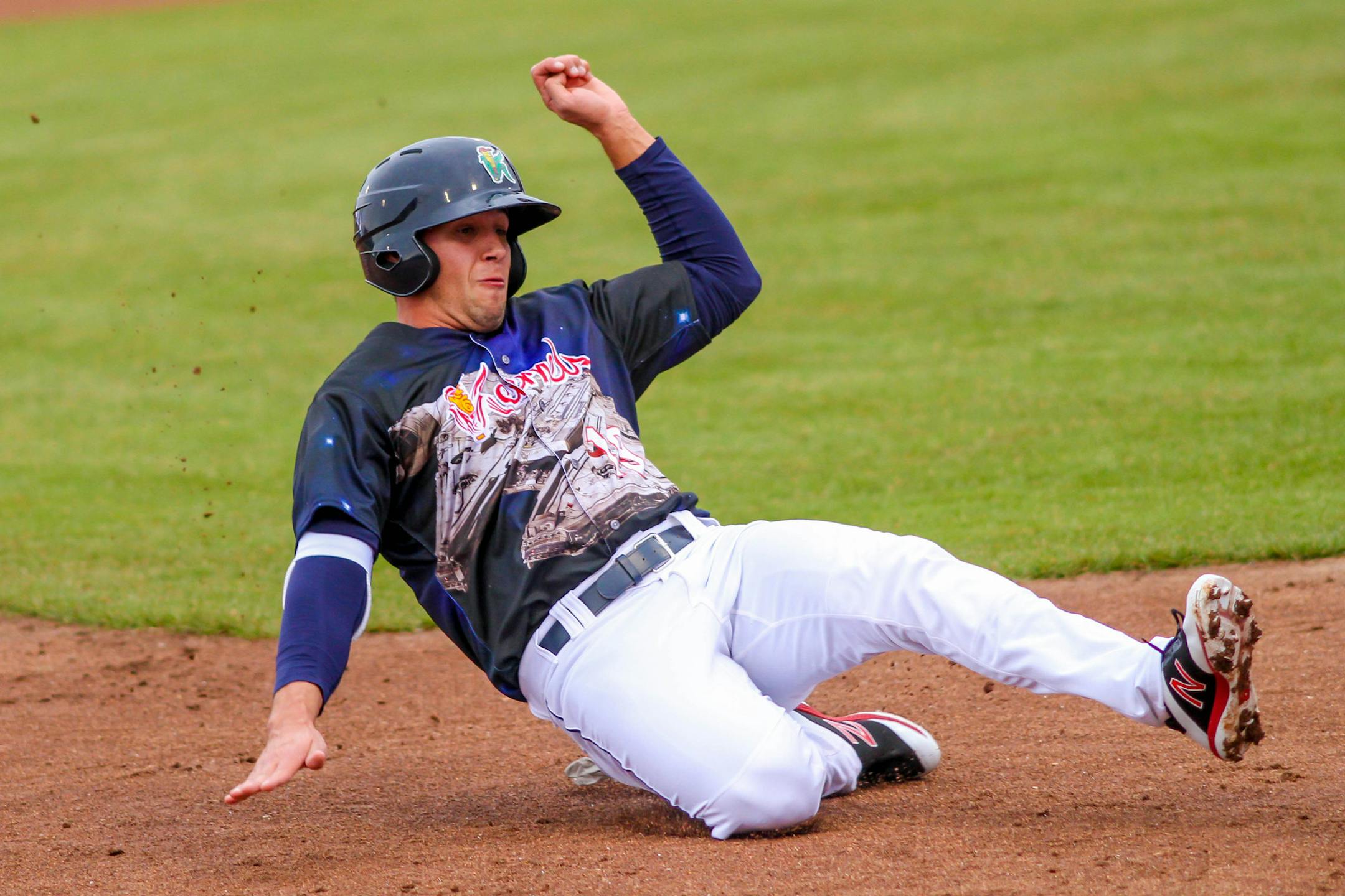 Cedar Rapids Kernels outfielder Alex Kirilloff (19) slides into third base during a Midwest League game against the Kane County Cougars on April 21, 2018 at Perfect Game Field at Veterans Memorial Stadium in Cedar Rapids, Iowa. Kane County defeated Cedar Rapids 9-2. (Brad Krause/Four Seam Images via AP Images) ORG XMIT: NYWWP