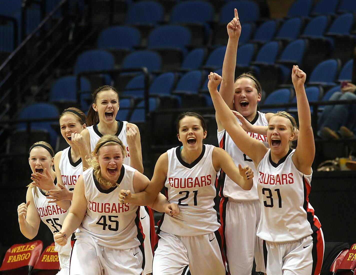 Players on the Ada-Borup team jumped to their feet as the final buzzer sounded in their 62-55 win over Win-E-Mac.]JIM GEHRZ &#x201a;&#xc4;&#xa2; jgehrz@startribune.com Minneapolis MN / March 15, 2012, 12:00 PM BACKGROUND INFORMATION: Ada-Borup High School played Win-E-Mac in the Class A semifinals of the 2013 State Girls Basket Ball Tournament at Target Center. Ada-Borup won the game, 62-55.