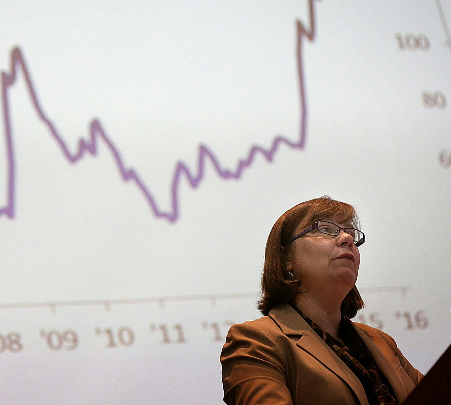 Laura Kalambokidis, Minnesota&#xed;s state economist, ecxplained the latest economic projections at a news conference Friday. ] JIM GEHRZ &#xef; james.gehrz@startribune.com /St. Paul, MN / February 26, 2016 /11:30 AM &#xf1; BACKGROUND INFORMATION: Minnesota budget officials release the latest economic snapshot of the state economy and finalize the surplus number for the upcoming legislative session. This budget number is going to frame up much of the political debate for the session in a high-st