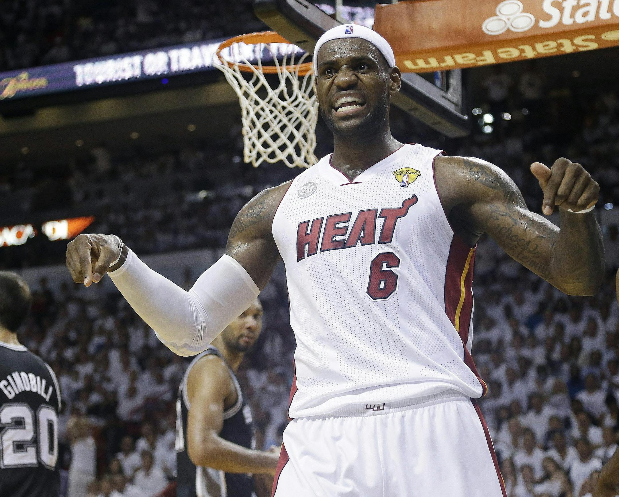 Miami Heat small forward LeBron James (6) reacts after being fouled during the second half in Game 7 of the NBA basketball championship against the San Antonio Spurs, Thursday, June 20, 2013, in Miami. (AP Photo/Lynne Sladky)