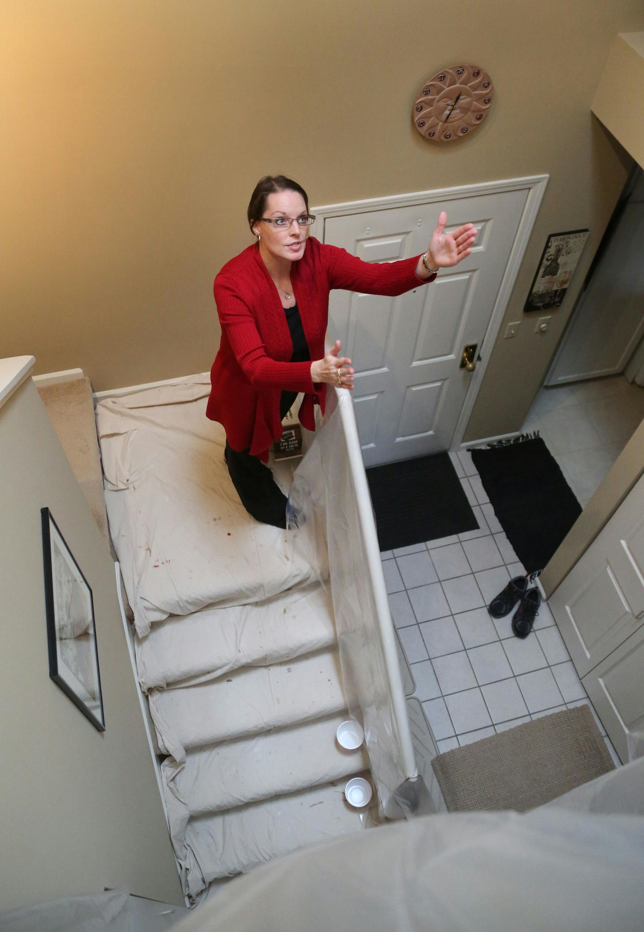 After living for two years with mold, water, indoor snow and flying squirrels, Tina Nelson doesn't know where else to turn for help with her Edina condo. Here, Nelson has much of her stairway wrapped in plastic to protect against the water that often leaks into her condo from winter ice daming on the roof and was seen Friday, Dec. 11, 2015, in Edina, MN.](DAVID JOLES/STARTRIBUNE)djoles@startribune.com After living for two years with mold, water, indoor snow and flying squirrels, Tina Nelson does