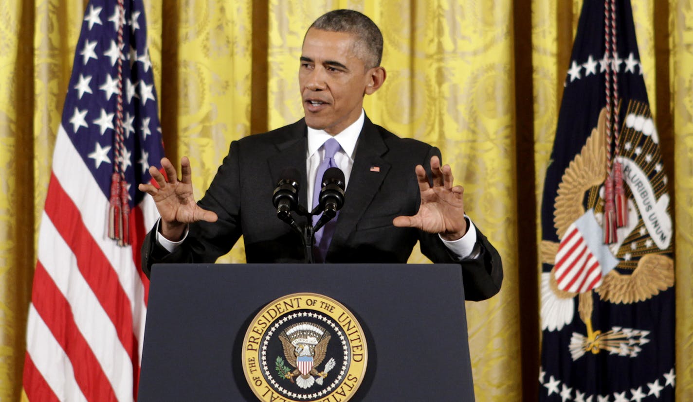 President Barack Obama answers questions about the Iran nuclear deal during a news conference in the East Room of the White House in Washington, Wednesday, July 15, 2015. The president vigorously defended the nuclear deal with Iran, casting the historic accord as the only possibility to avert a nuclear arms race in the Middle East and reduce the chances of war. (AP Photo/Pablo Martinez Monsivais) ORG XMIT: MIN2015071515193360