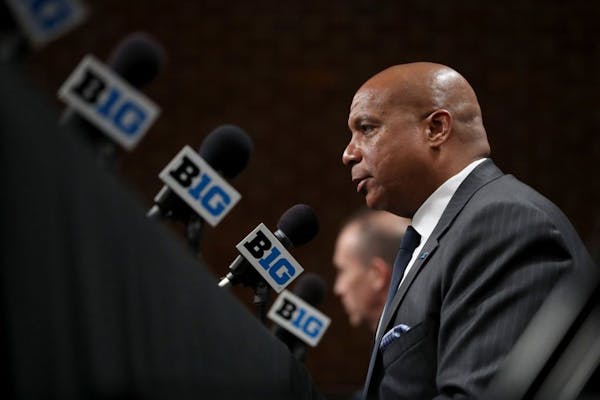 Big Ten commissioner Kevin Warren speaks about the cancellation of the men&apos;s basketball tournament at Bankers Life Fieldhouse in Indianapolis, In