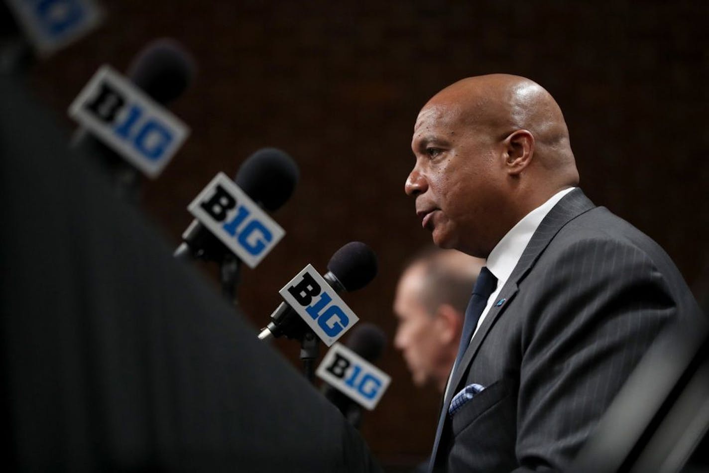 Big Ten commissioner Kevin Warren speaks about the cancellation of the men&apos;s basketball tournament at Bankers Life Fieldhouse in Indianapolis, Ind., on Thursday, March 12, 2020.