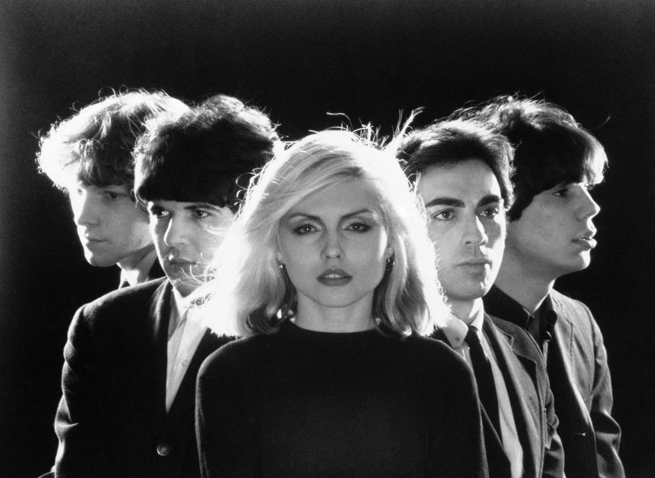 In this photo provided by Private Stock Records, punk-pop band Blondie is shown, Oct. 1977. From left to right: bassist Gary Valentine, drummer Clem Burke,singer Deborah Harry, guitarist Chris Stein, and keyboardist Jimmy Destri. (AP Photo/Private Stock Records) No Sales ORG XMIT: APHS312663