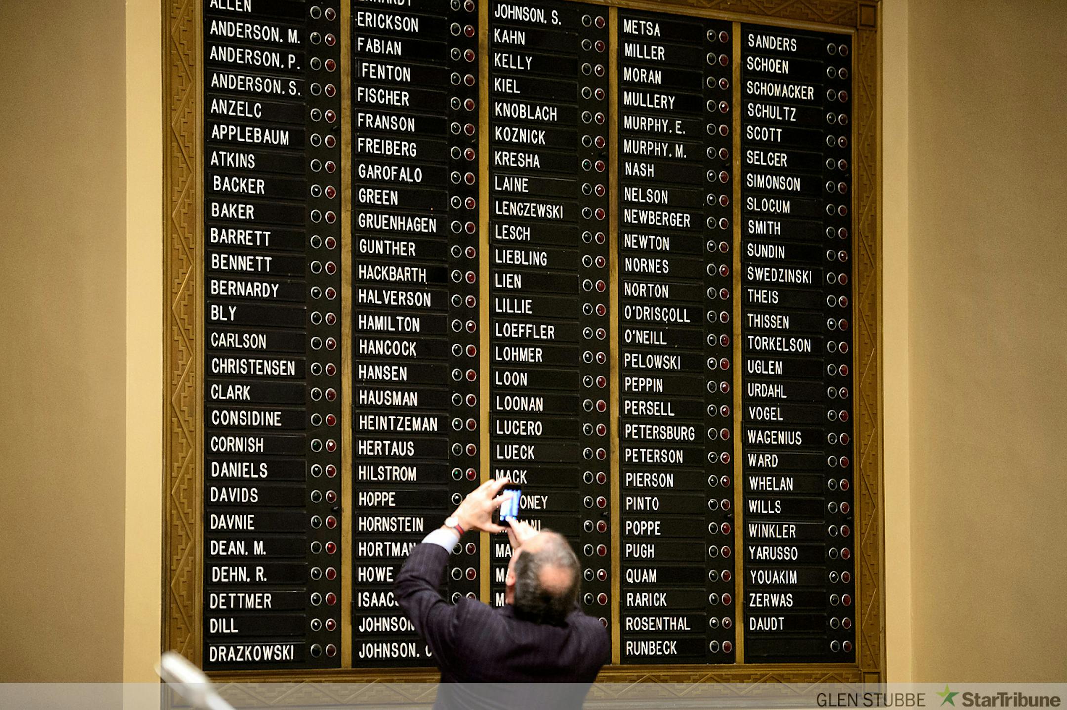 New State Representative John Applebaum took a photo of the voting board with his name on it before the session start.   ]   GLEN STUBBE * gstubbe@startribune.com   Tuesday, January 6,  2015  The Minnesota House and Senate re-convene, with much ceremony, family and guests. In the House, Speaker Kurt Daudt will take the gavel back for the GOP.