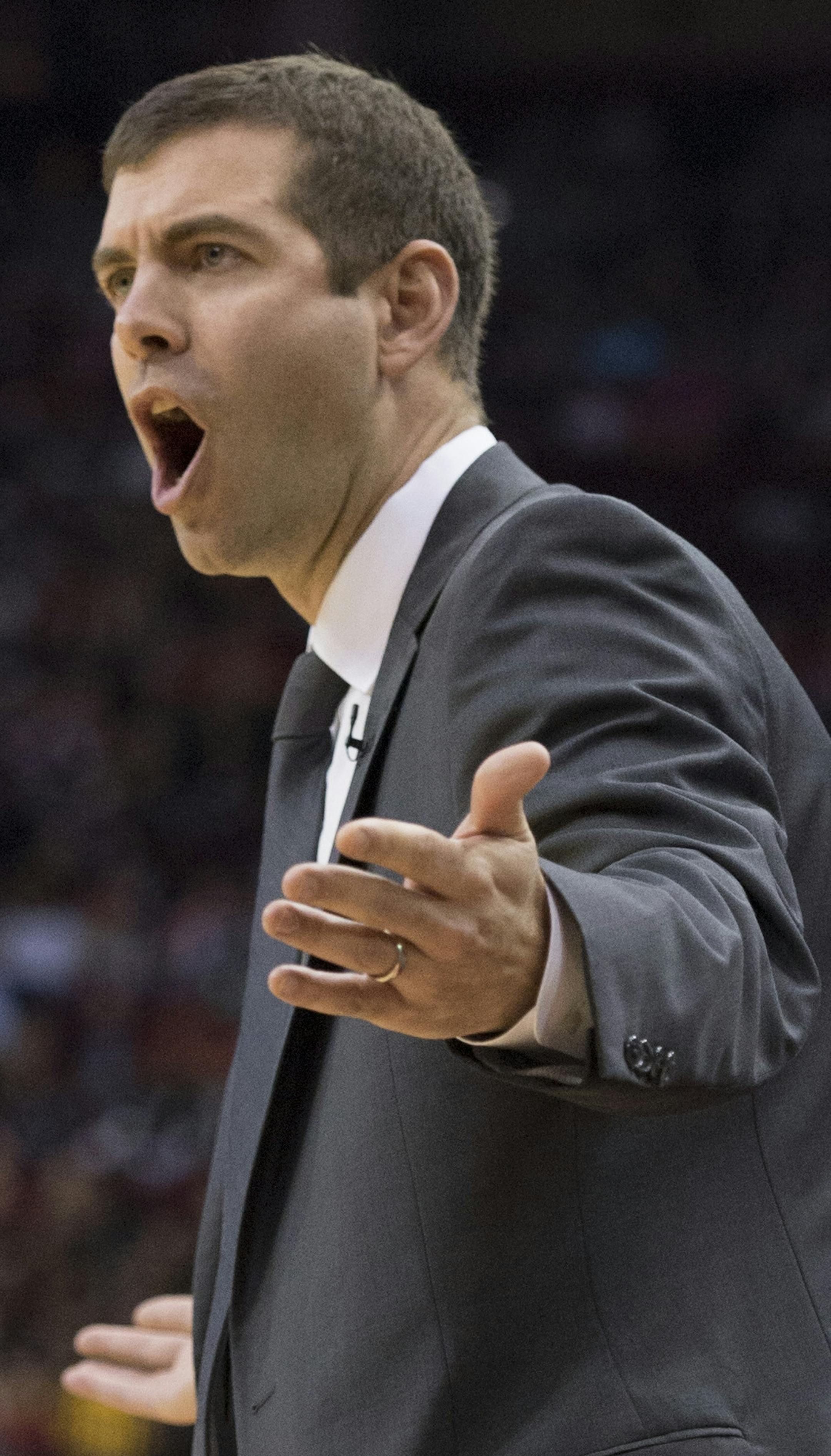 Boston Celtics coach Brad Stevens questions a call during the first half of the team's NBA basketball game against the Houston Rockets on Saturday, March 3, 2018, in Houston. (AP Photo/George Bridges)