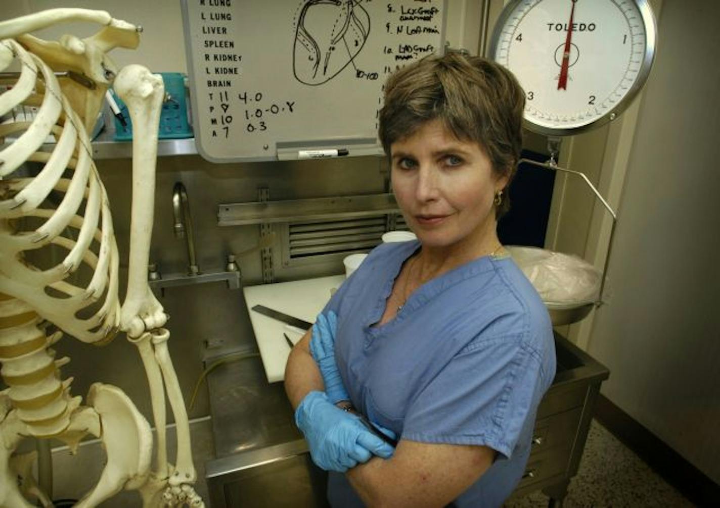 Dr. Janis Amatuzio in the Anoka County morgue in 2004. She is the author of two books on the mysteries of death.