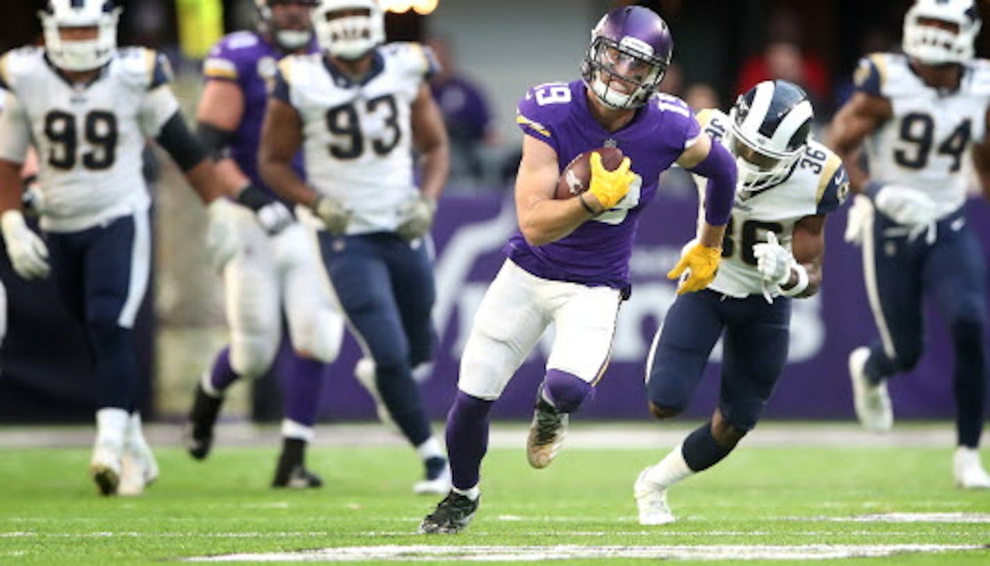 Minnesota Vikings wide receiver Adam Thielen (19) scores on a 65-yard catch in the fourth quarter against the Los Angeles Rams on Sunday, Nov. 19, 2017 at U.S. Bank Stadium in Minneapolis, Minn. (Jerry Holt/Minneapolis Star Tribune/TNS) ORG XMIT: 1216390