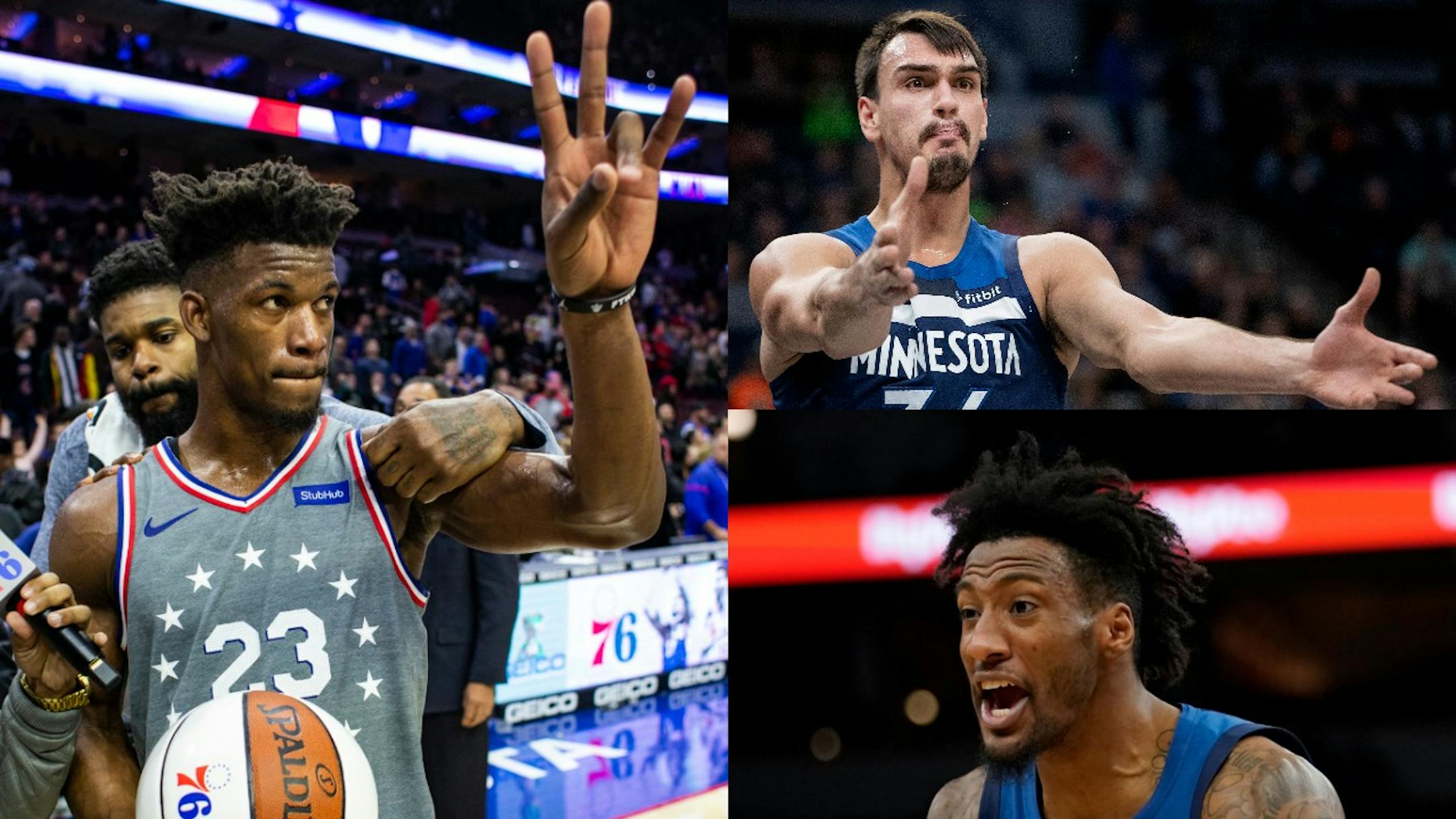 With disruptive Jimmy Butler (left) now in Philadelphia, new Wolves Dario Saric (top right) and Robert Covington (bottom right) can help the offense as efficient shooters.