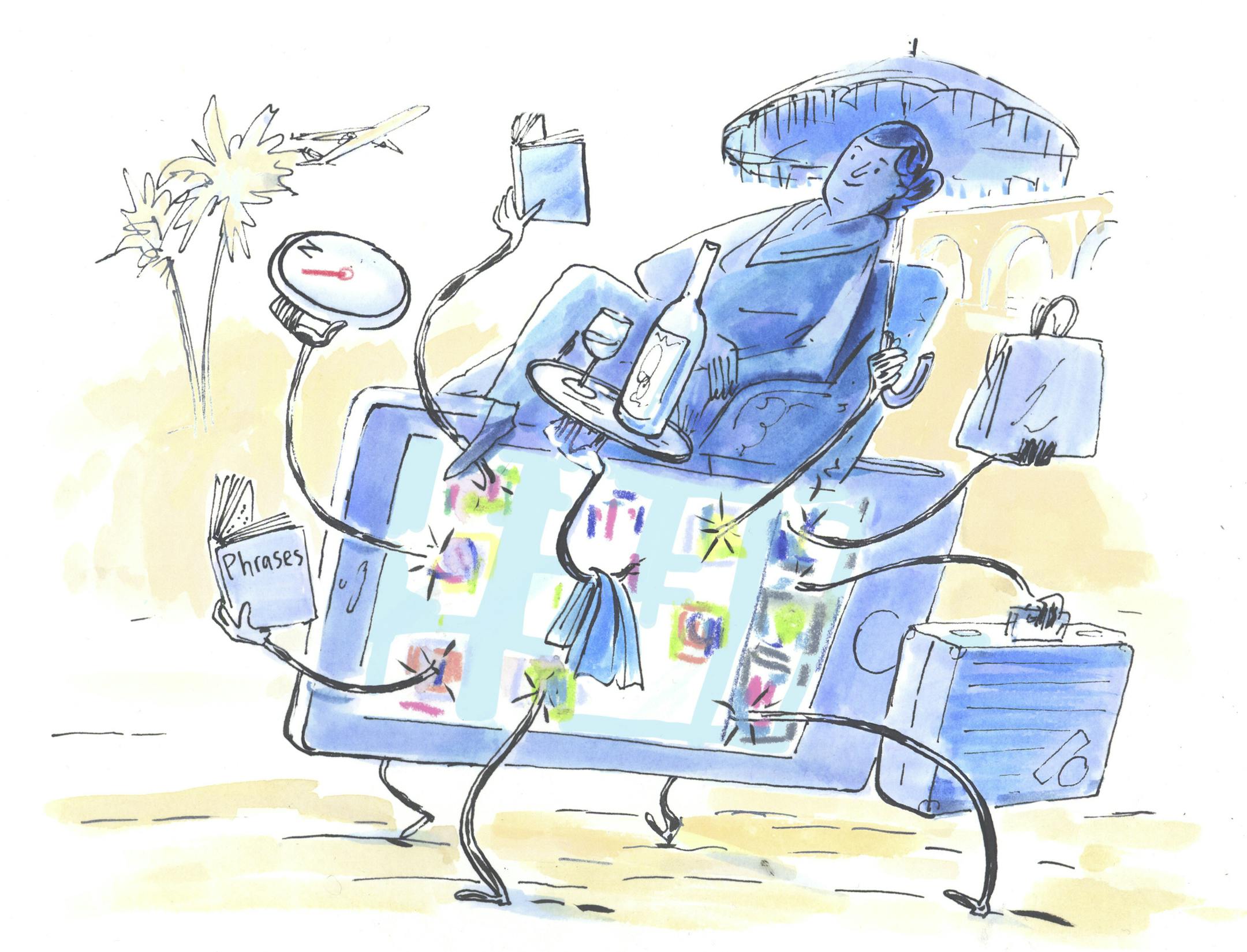 -- ILLUSTRATION MOVED IN ADVANCE AND NOT FOR USE - ONLINE OR IN PRINT - BEFORE DEC. 27, 2015. -- Travel is about tapping the world, not a screen, so some suggest to end the year with an app purge, keeping only the most essential. (Graham Roumieu/The New York Times) -- NO SALES; FOR EDITORIAL USE ONLY WITH BEST-TRAVEL-APPS BY STEPHANIE ROSENBLOOM FOR DEC. 27, 2015. ALL OTHER USE PROHIBITED. --