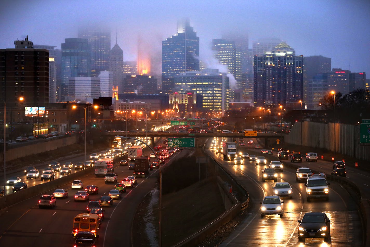 Traffic on Interstate 35W just south of downtown Minneapolis. Congestion levels on metro area highways and freeways rose a scant 0.3 percent over the past year.