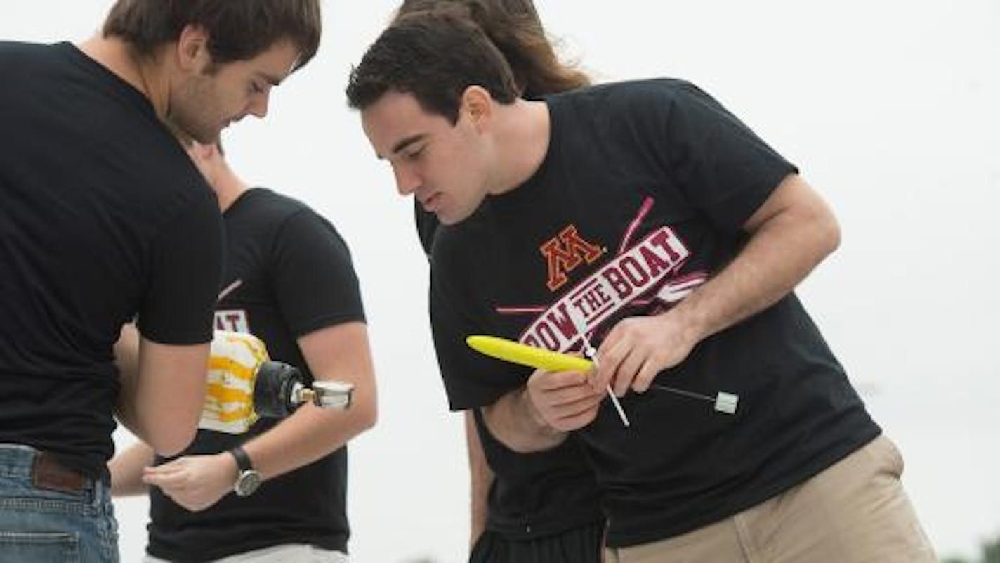 University of Minnesota students prepare to launch their winning rocket at the Bayer-Big Ten Alka-Rocket Challenge at Space Center Houston