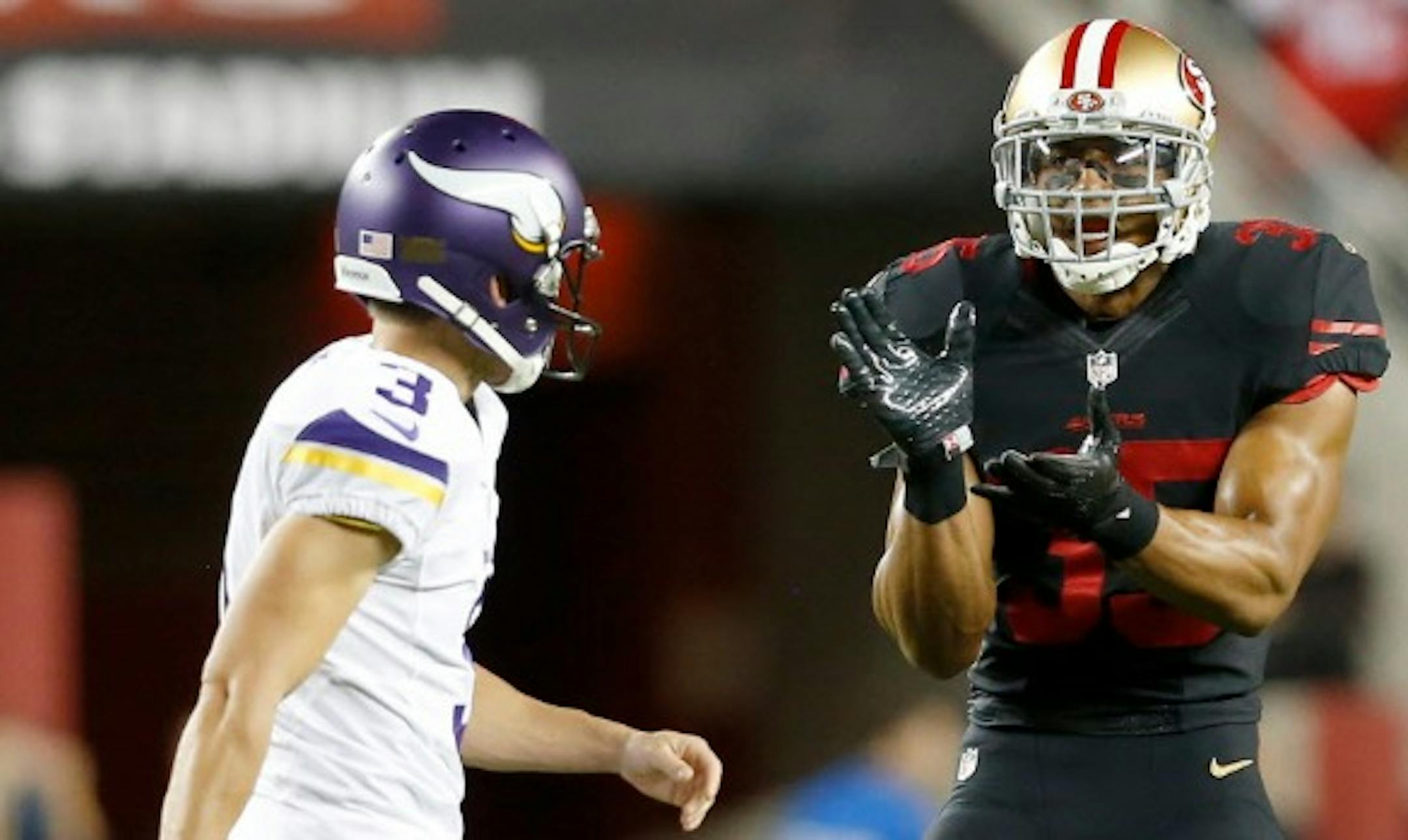 San Francisco 49ers safety Eric Reid cheered after Vikings kicker Blair Walsh missed a field goal in the first quarter of Monday's 20-3 loss to the 49ers in San Francisco.