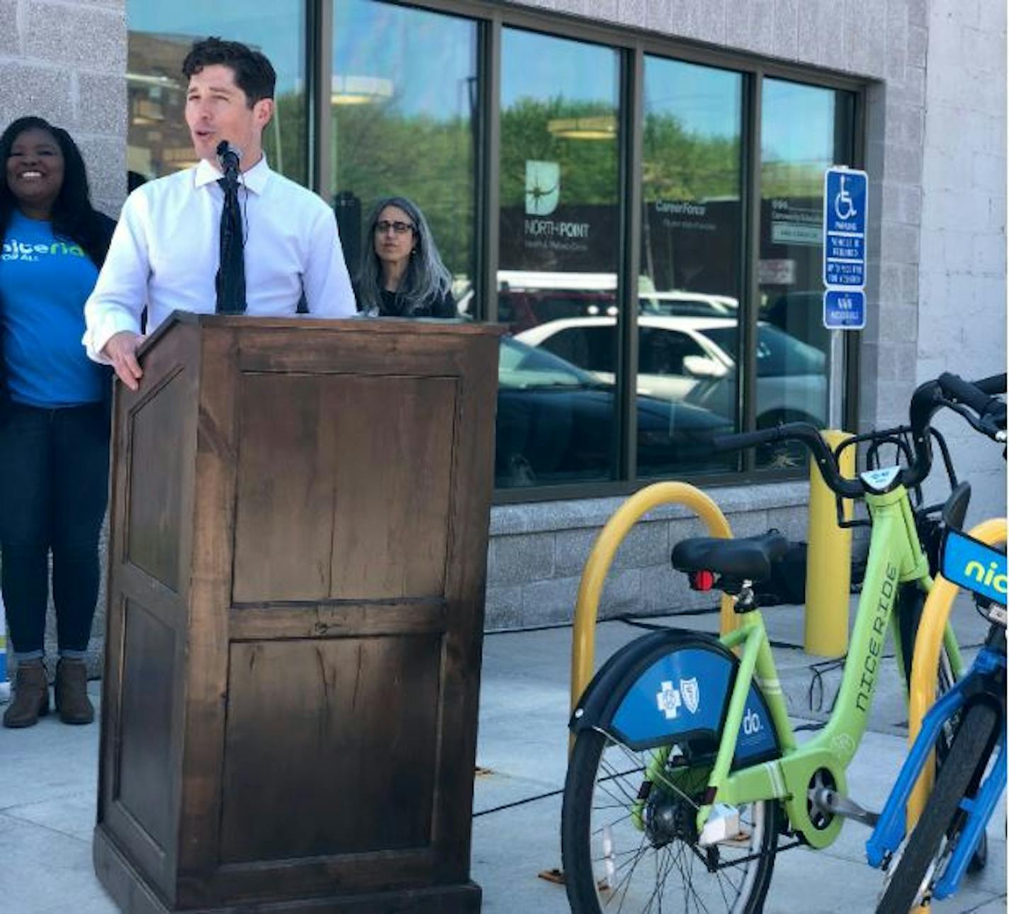 Minneapolis Mayor Jacob Frey on May 15, 2019, announced "Nice Ride for All," a more affordable bike-sharing program for lower income people. He was joined by LaTrisha Vetaw, Minneapolis Park Board Commissioner, and Tracy Fischman, executive director of Prepare + Prosper.