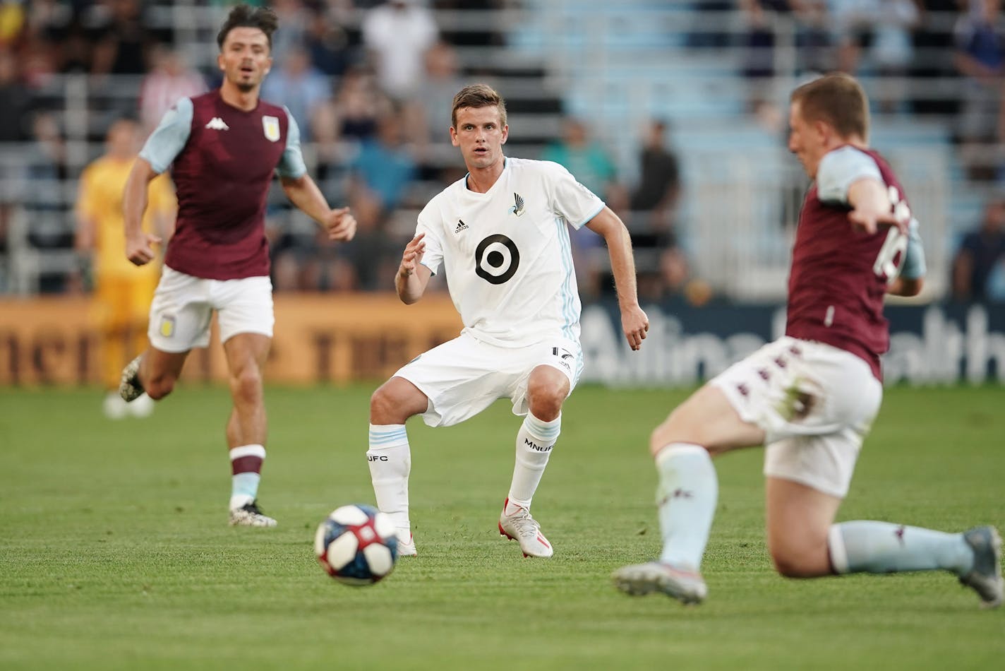 Minnesota United midfielder Collin Martin (center) during a friendly against Aston Villa last season.