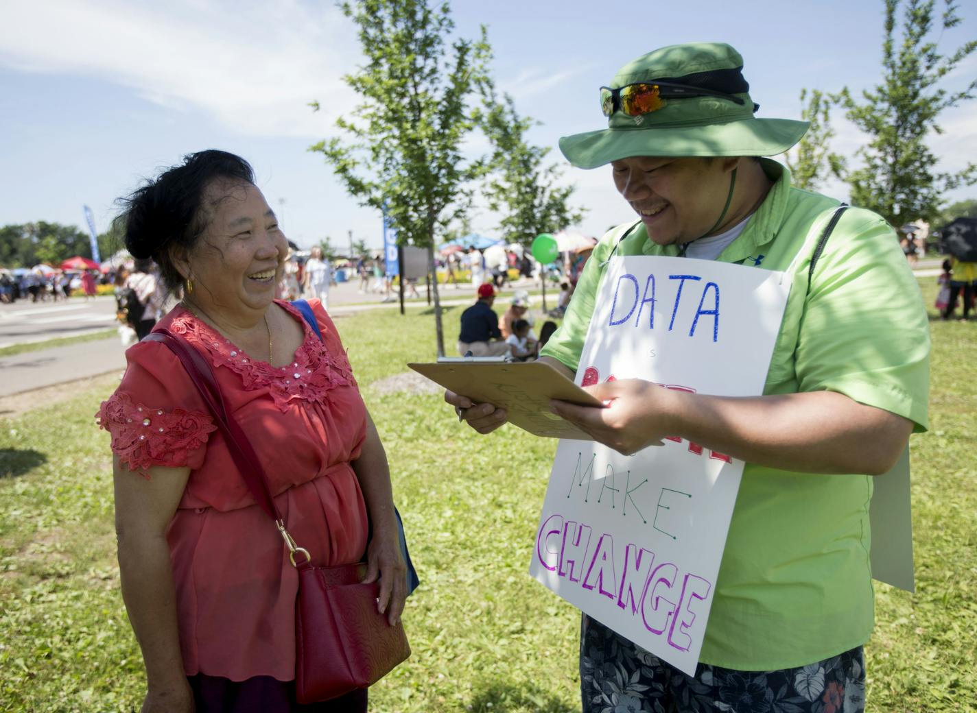 Xiongpa (right), an organizer with the Hmong American Census Network, shares a laugh with Vang Her as he explains the survey in the Hmong native language. ] ALEX KORMANN &#x2022; alex.kormann@startribune.com With the 2020 U.S. Census only two years away, local organizations have already begun to engage their communities in an effort to maximize turnout for the census. The Hmong American Census Network spent most of Saturday, walking around the Hmong Freedom Festival at Como Regional Park talking