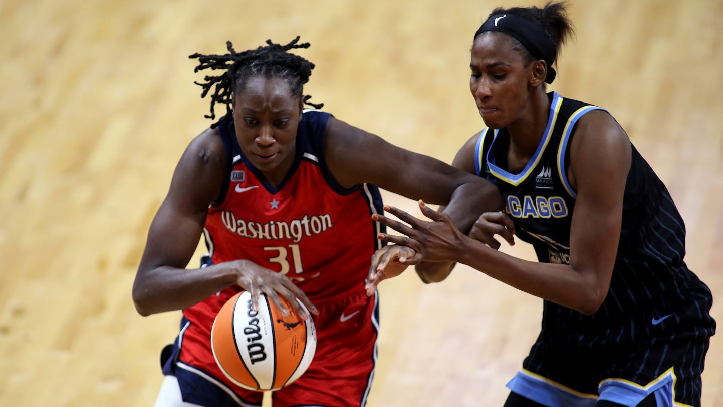 Washington Mystics center Tina Charles (31) in action during a WNBA basketball game, Saturday, May 15, 2021, in Washington. (AP Photo/Daniel Kucin Jr.)