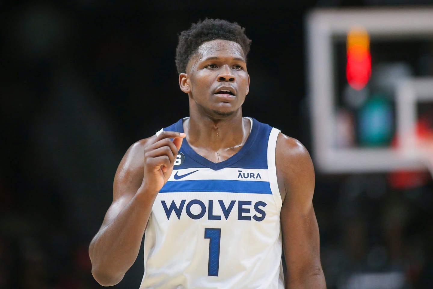 Minnesota Timberwolves guard Anthony Edwards (1) in action in the first half of an NBA basketball game against the Atlanta Hawks, Monday, March 13, 2023, in Atlanta. (AP Photo/Brett Davis)