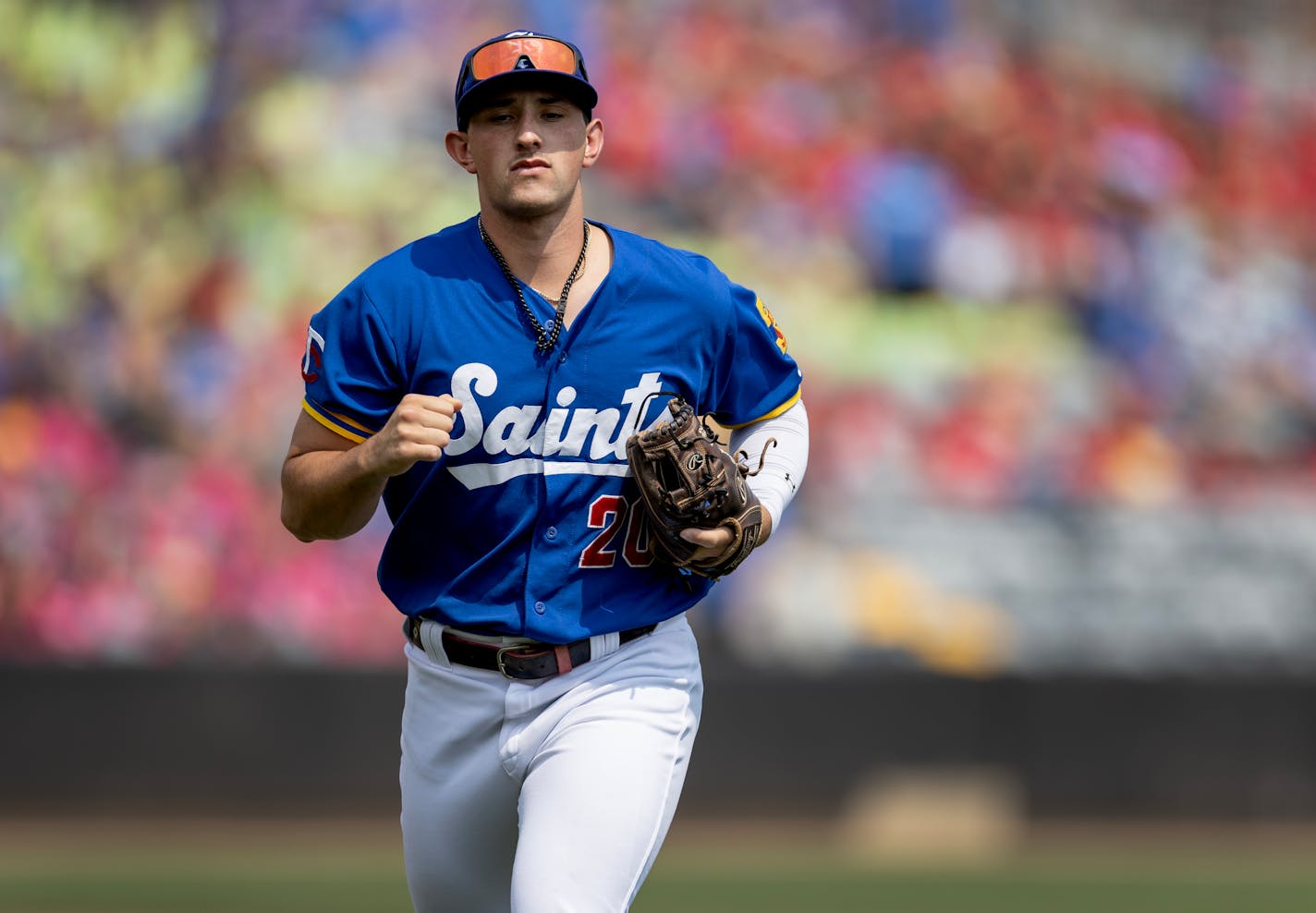 St. Paul Saints infielder Brooks Lee throws out a runner Wednesday, August 9, 2023, at CHS Field in St. Paul, Minn.